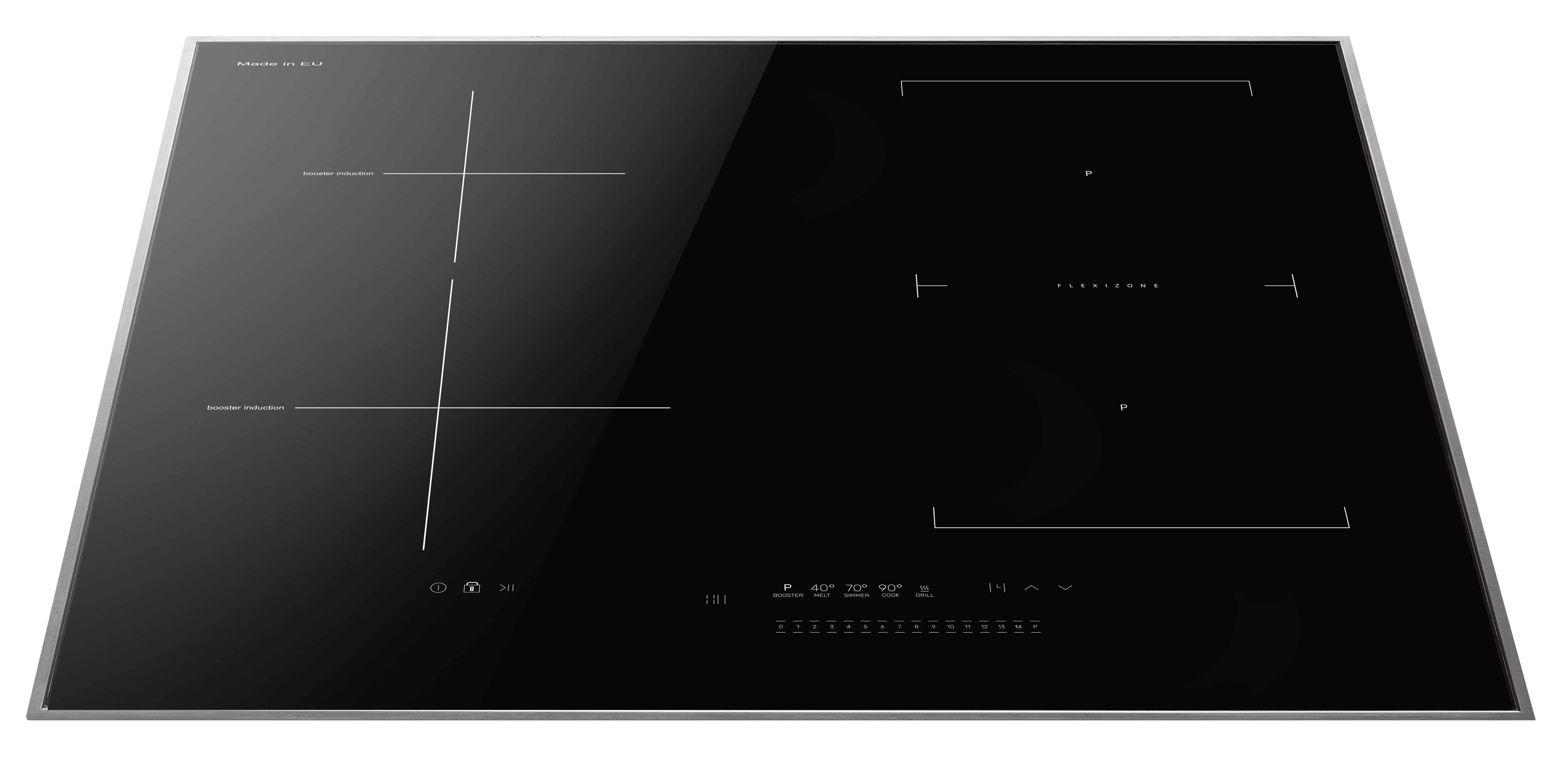 Czarna płyta indukcyjna ze srebrną ramką. Funkcje: booster, flexizone, ustawienia mocy i sterowanie dotykowe. Wyprodukowano w UE.