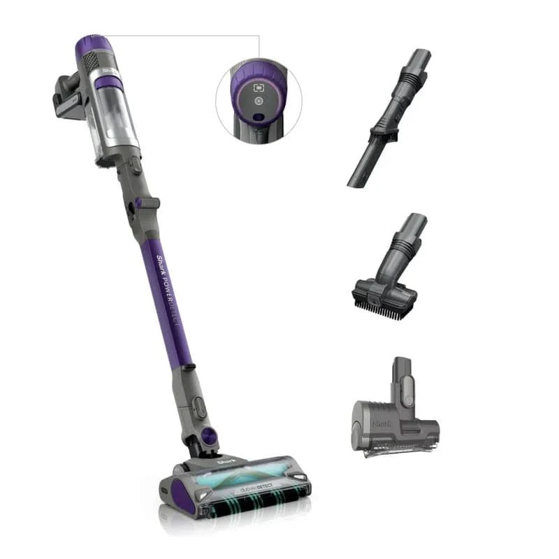 Una aspiradora inalámbrica Shark PowerFins con accesorios. Es gris, morado y negro. Los accesorios incluyen un cepillo, una boquilla y otros accesorios.
