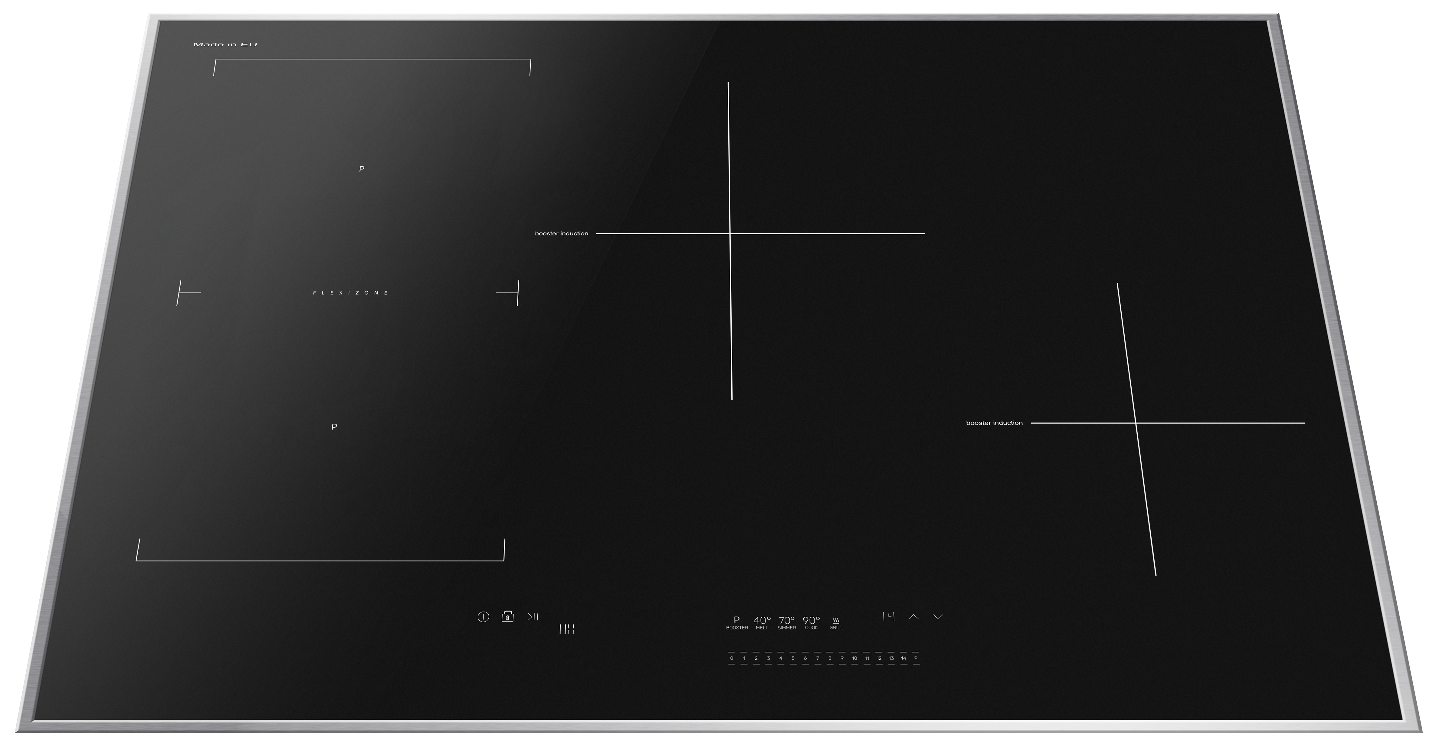 Czarna płyta indukcyjna ze srebrną ramą. Posiada sterowanie dotykowe i strefy grzewcze oznaczone białymi liniami.