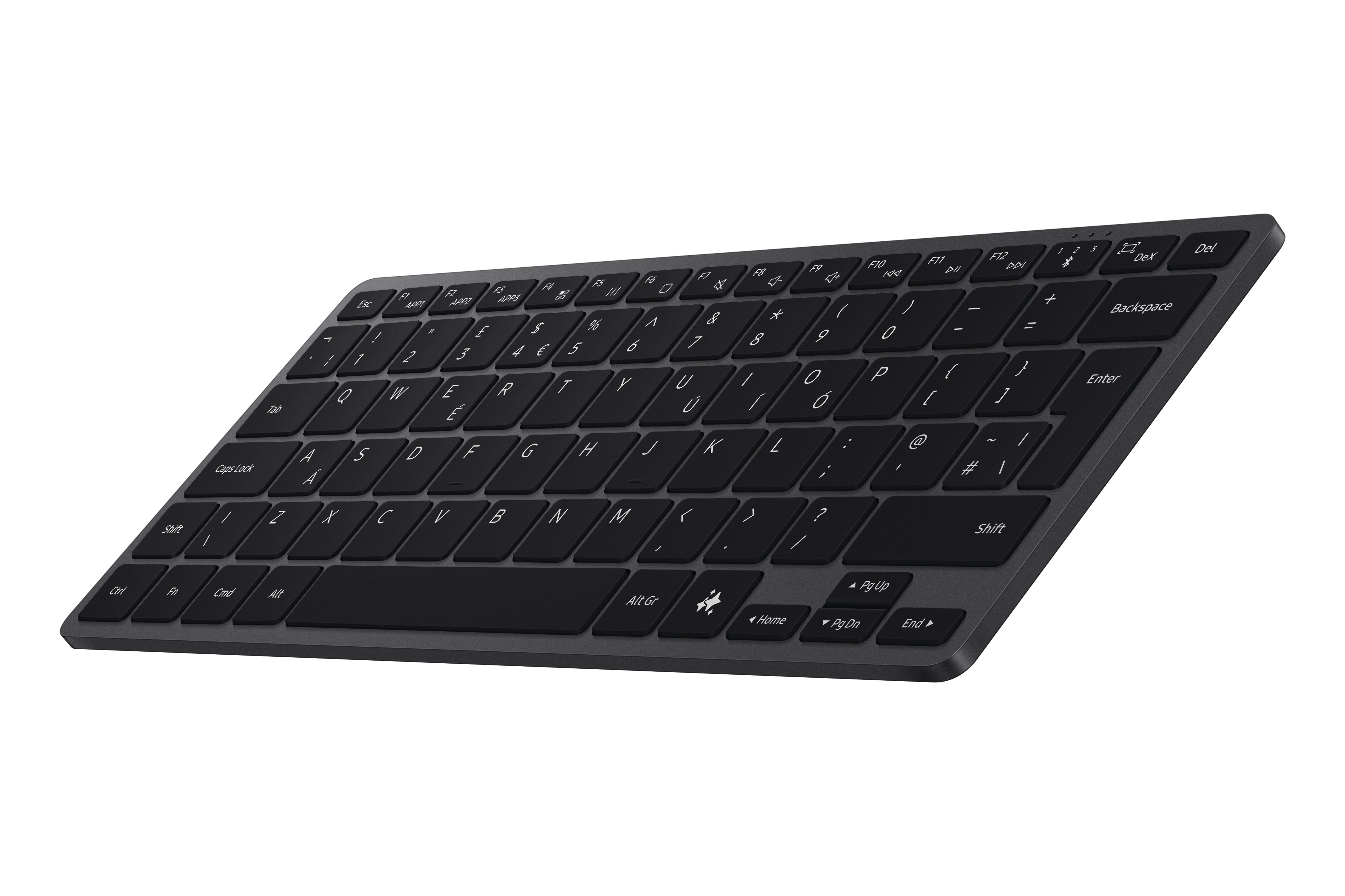 Eine schwarze kabellose Tastatur auf weißem Hintergrund. Die Tasten sind schwarz mit weißen Zeichen.