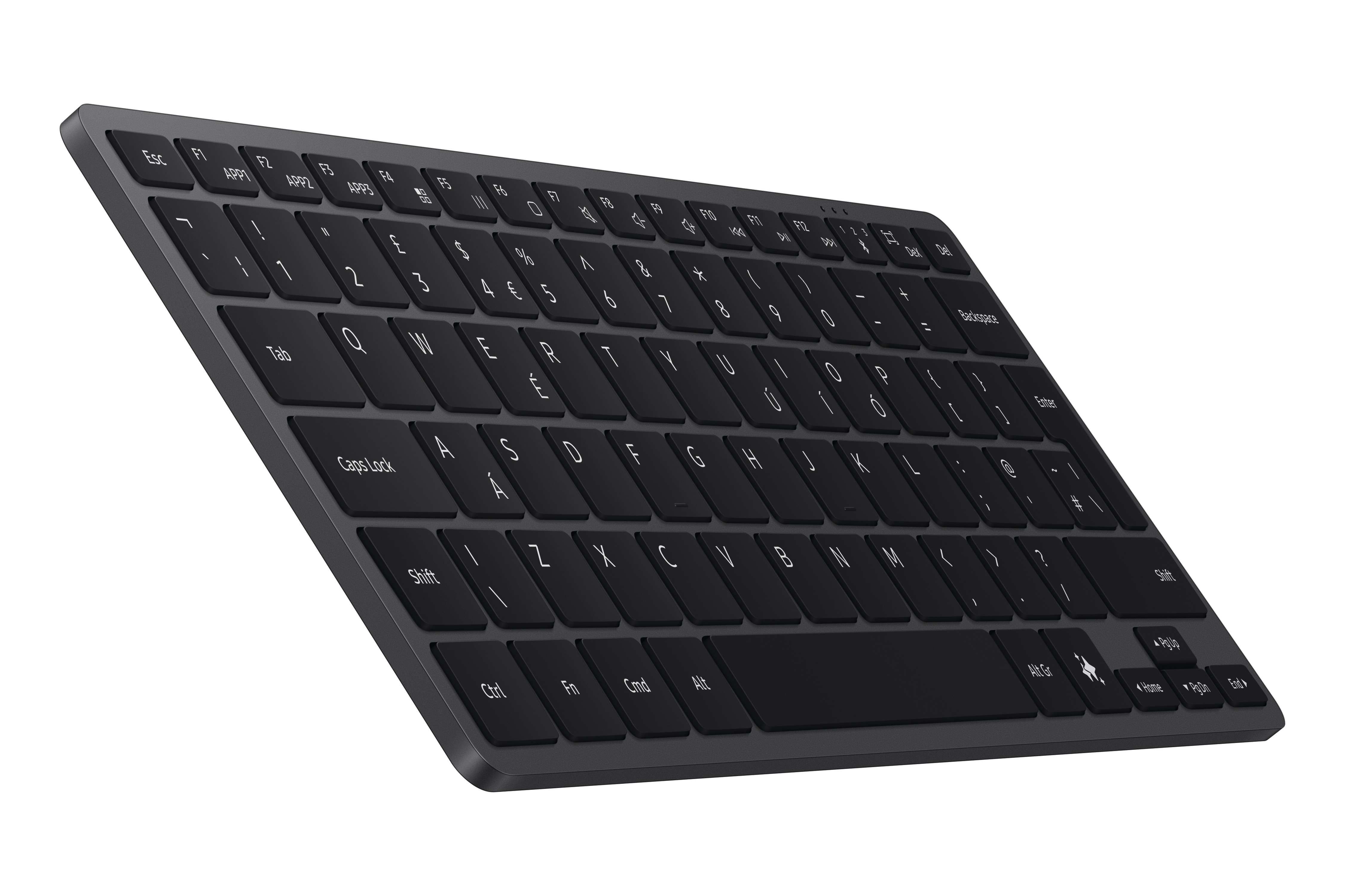 Eine dunkelgraue Tastatur mit schwarzen Tasten. Tasten zeigen Buchstaben, Zahlen und Symbole. Die Tastatur ist abgewinkelt.
