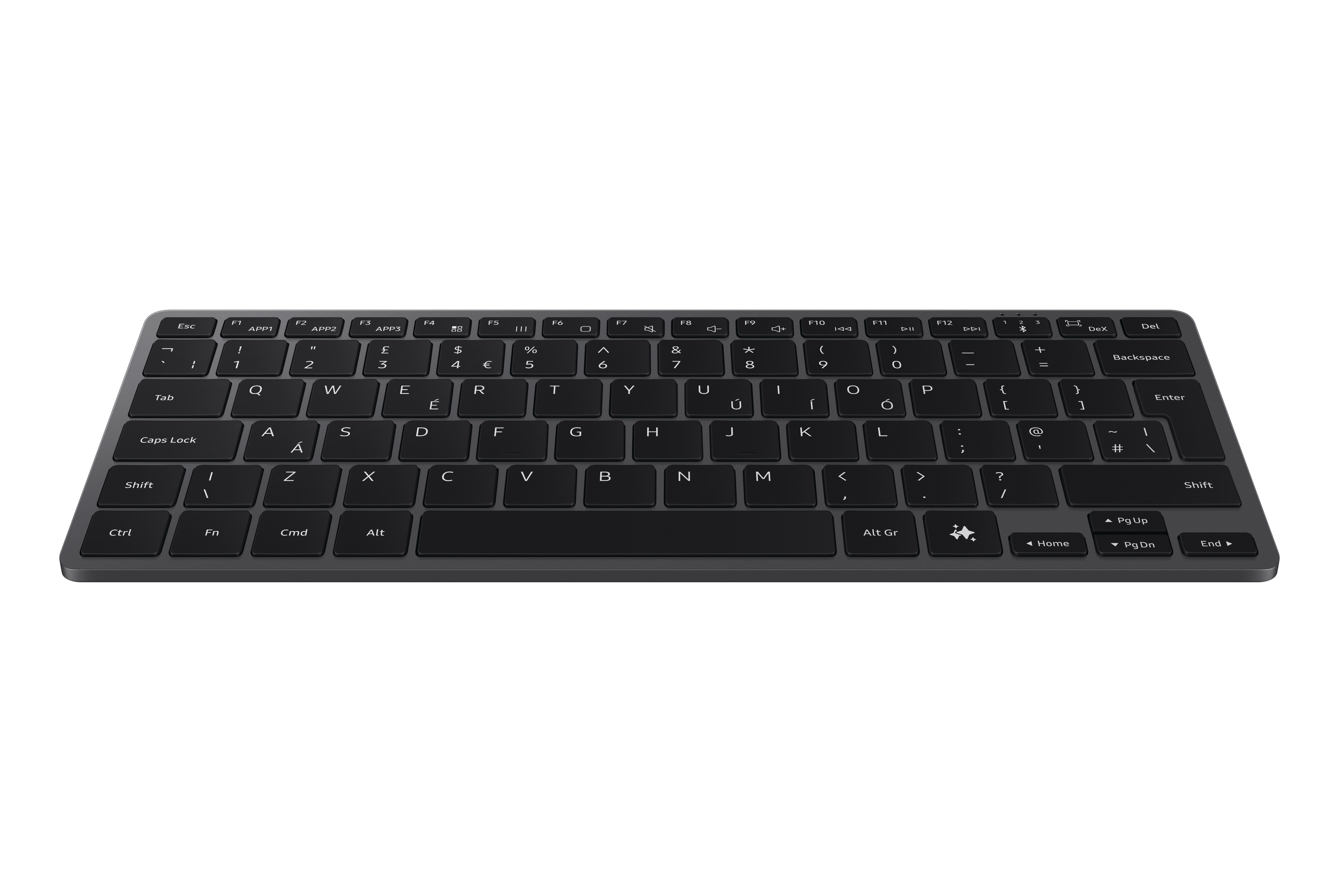 Schwarze drahtlose Tastatur auf weißem Hintergrund. Sie hat Tasten mit Buchstaben, Zahlen und Symbolen.