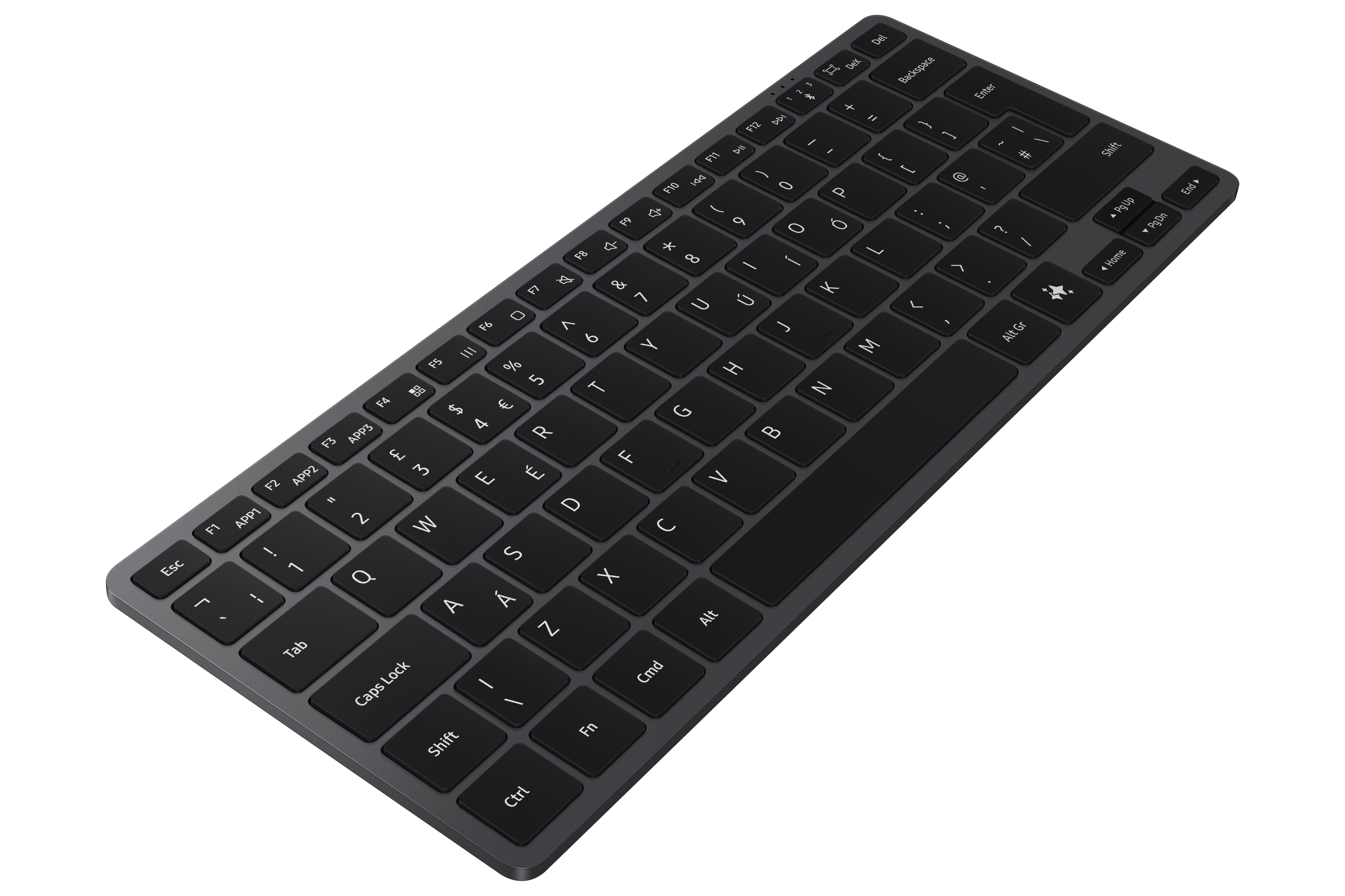 Dunkelgraue, kabellose Tastatur. Schwarze Tasten mit weißen Zeichen. Weißer Hintergrund.