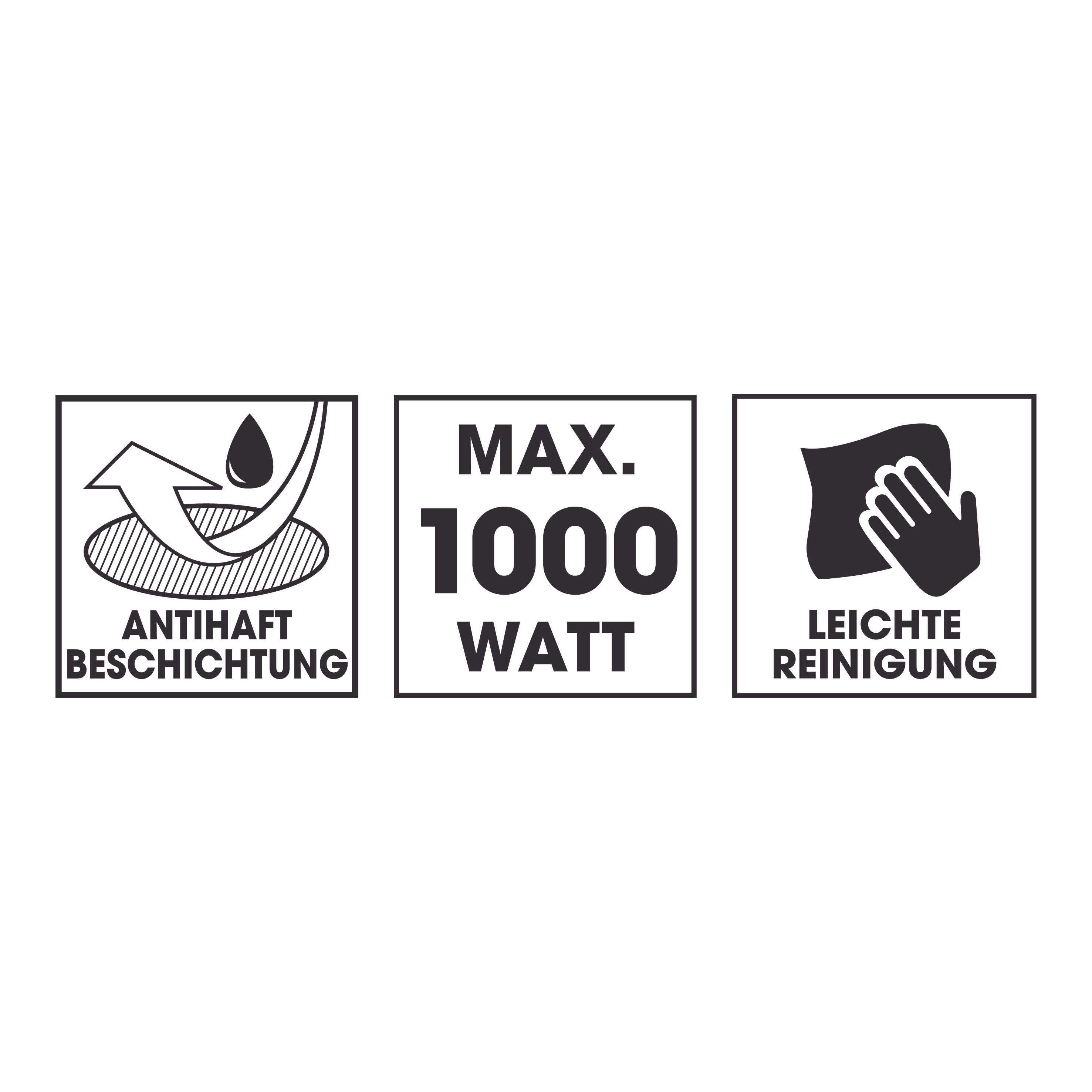 Drei Symbole mit Text: Antihaftbeschichtung, max. 1000 Watt und leichte Reinigung mit Hand und Tuch.