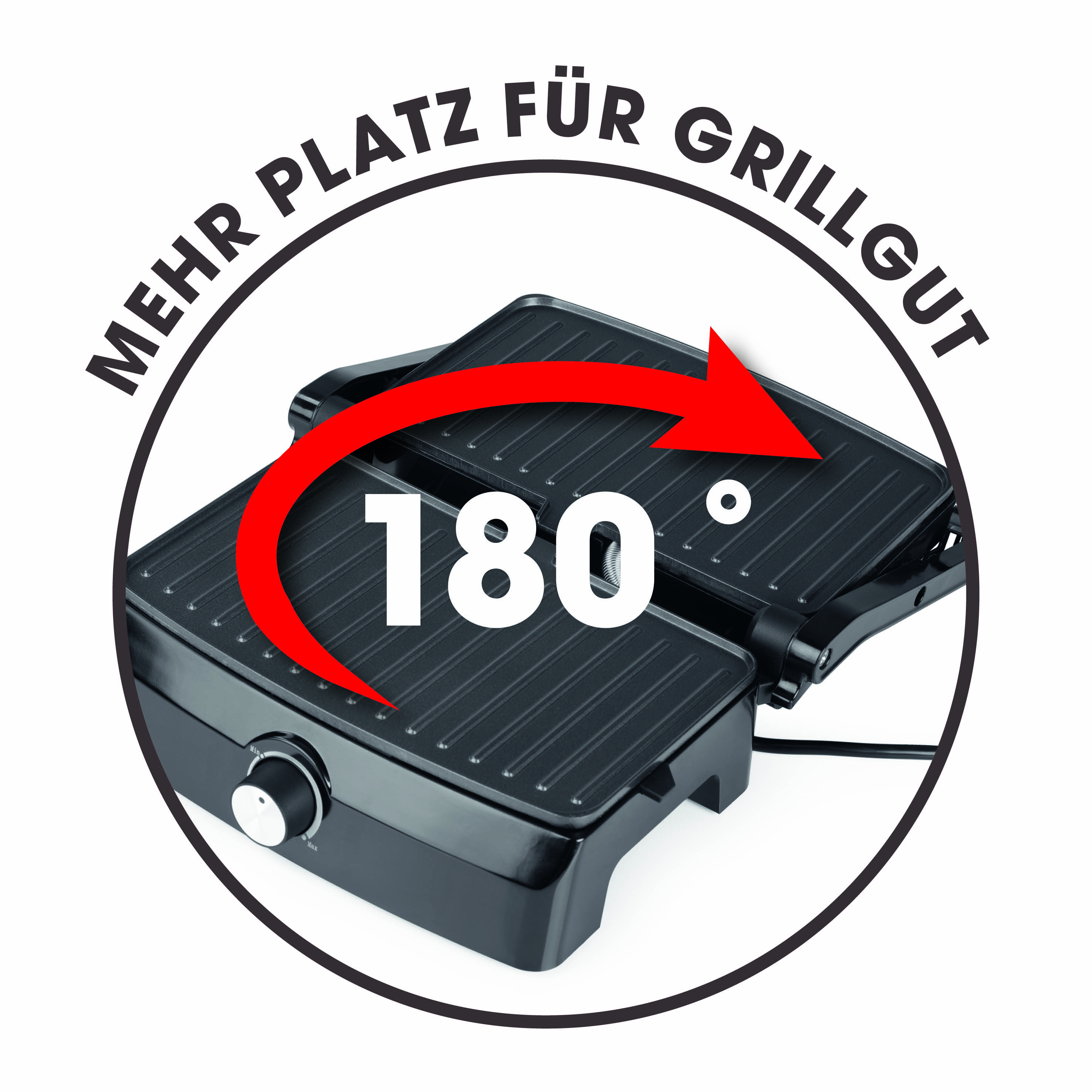 Ein schwarzer Grill mit einem roten Pfeil und dem Text 'MEHR PLATZ FÜR GRILLGUT' in einem Kreis und '180°' in Weiß.