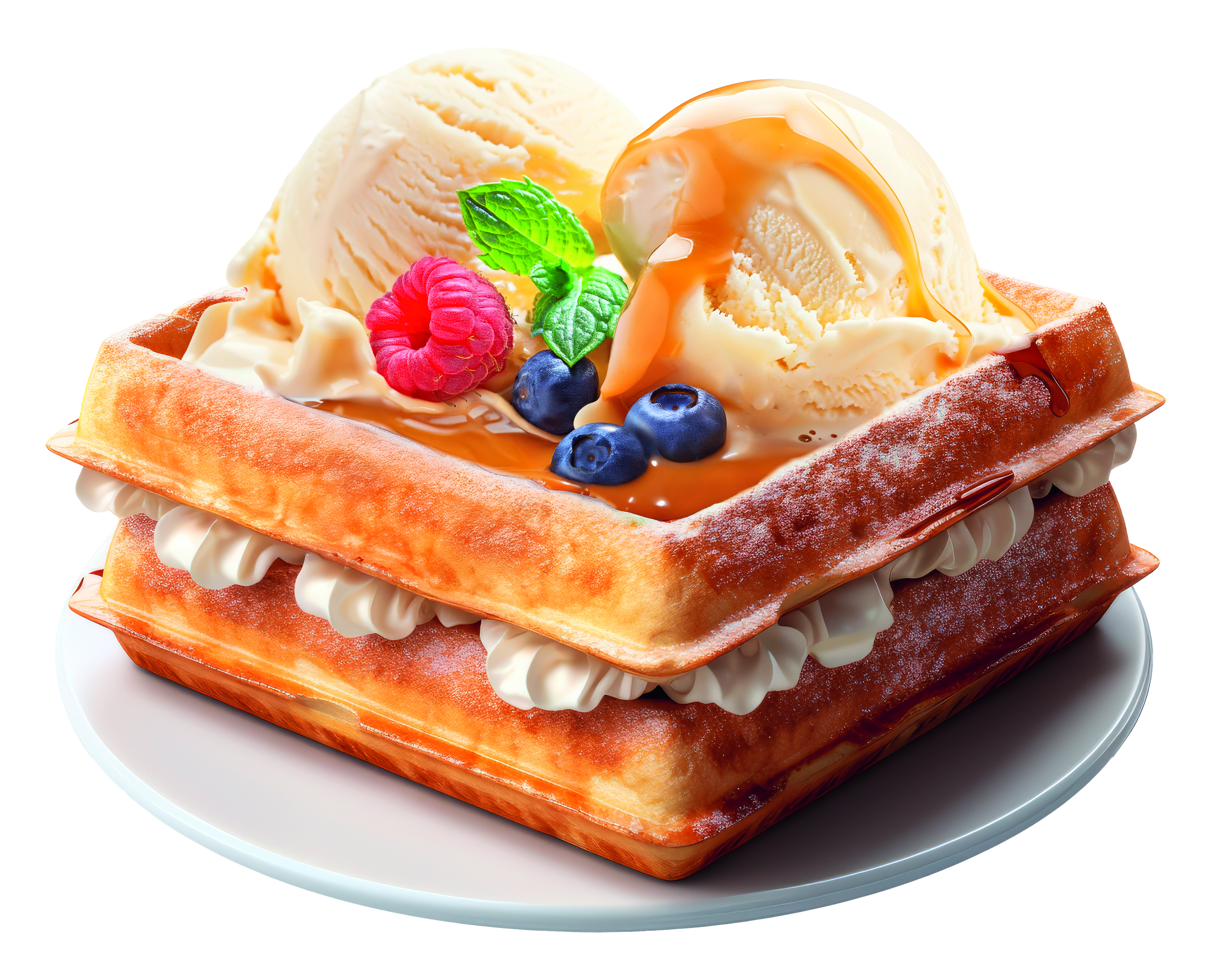 Ein Waffel-Dessert mit Eis, Beeren und Sirup auf einem weißen Teller vor weißem Hintergrund.
