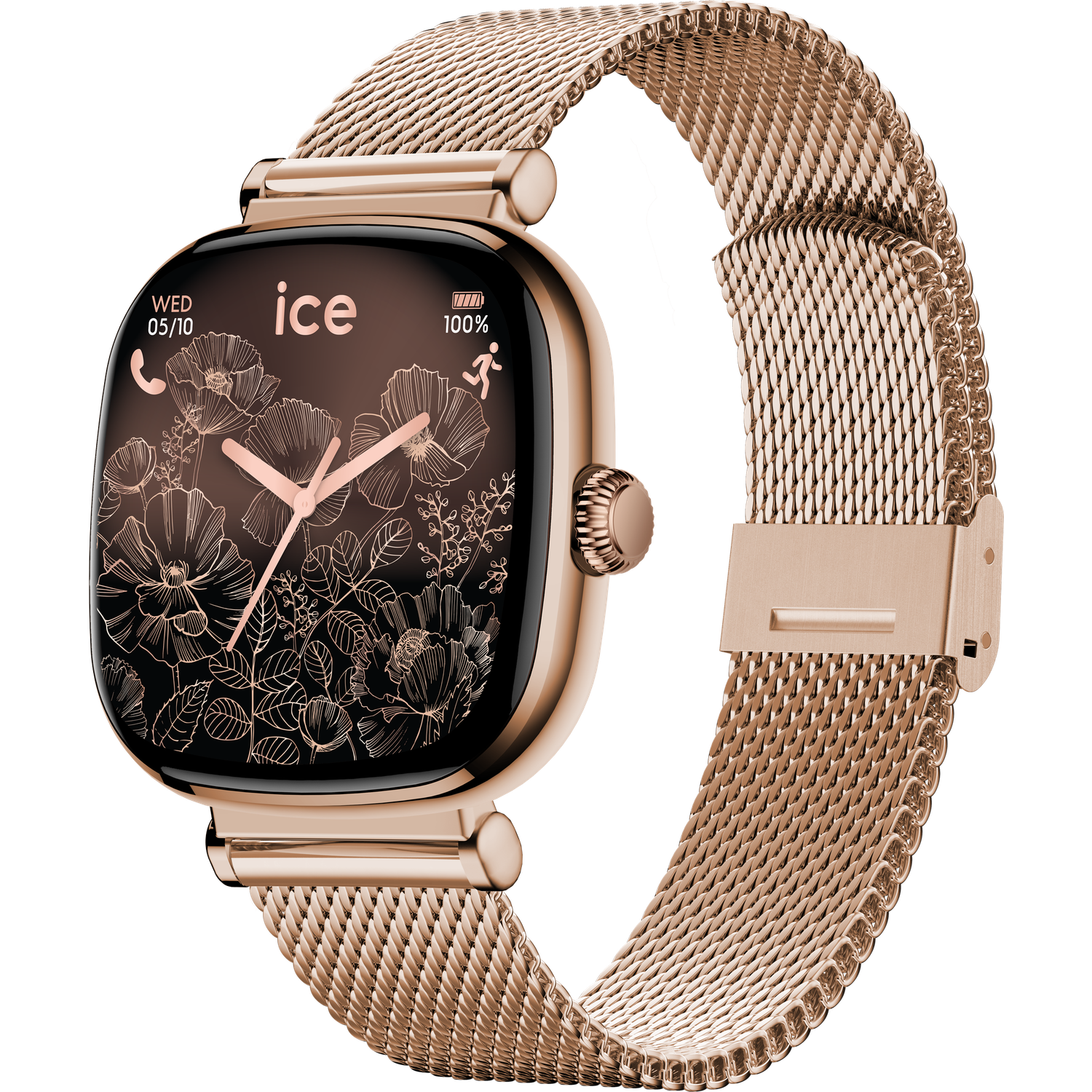 Roségouden smartwatch met een mesh band. De wijzerplaat toont bloemen, tijd en batterijduur. De band is ook roségoud.