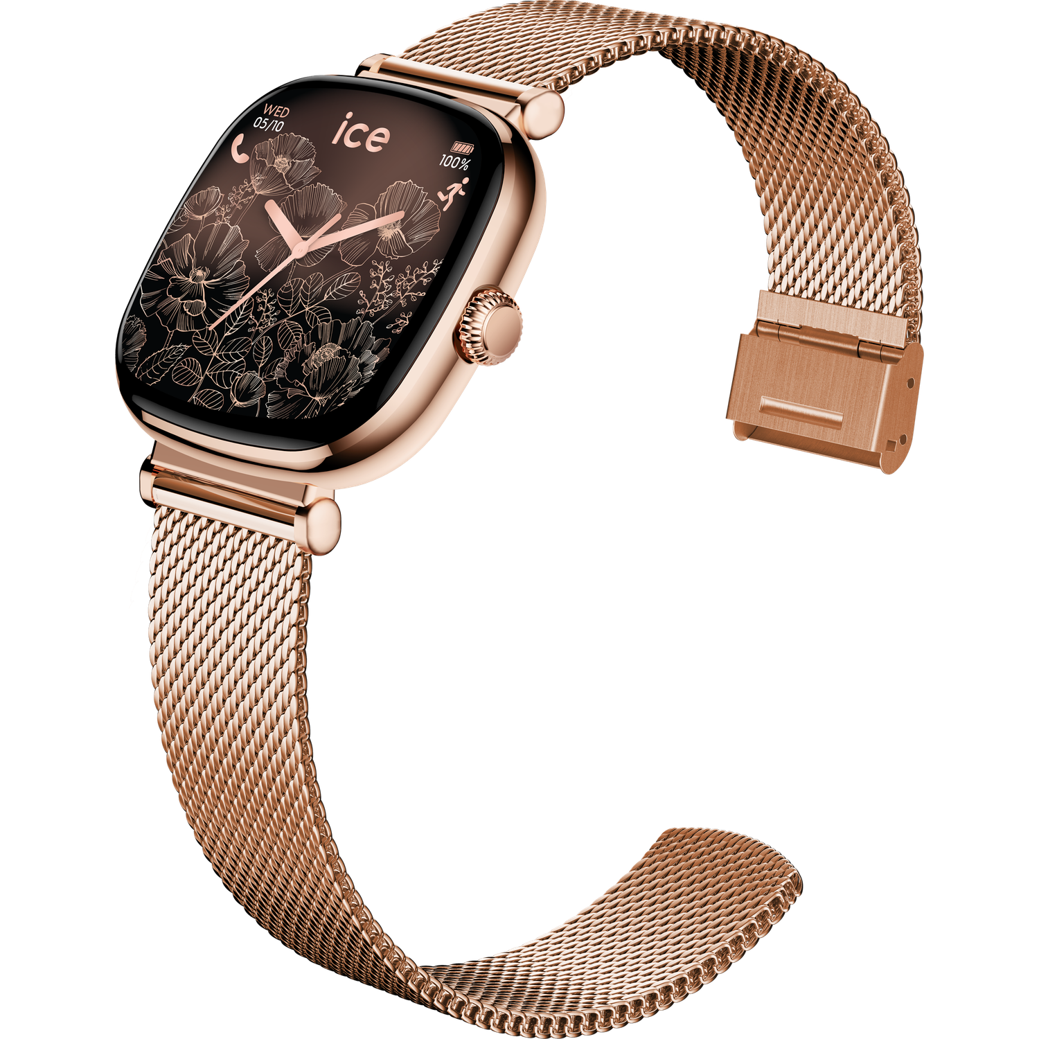 Een roségouden smartwatch met een bloemenontwerp op het scherm. De band is van bijpassend mesh-materiaal, tegen een zwarte achtergrond.