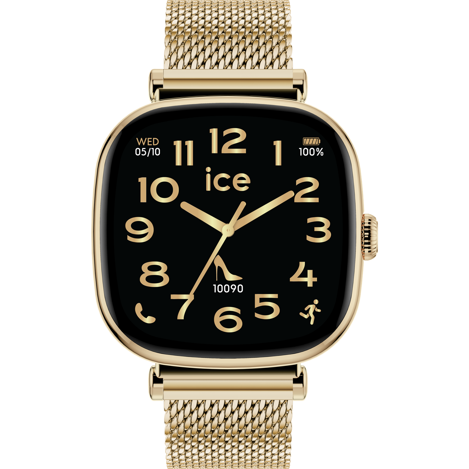 Een gouden smartwatch met een zwart scherm toont tijd, datum en batterij. Gouden wijzers en cijfers tegen een zwarte achtergrond.
