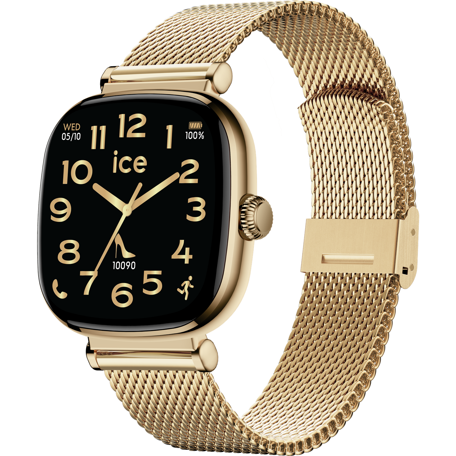 Een gouden Ice-horloge met een zwart scherm toont de tijd. De gouden band is een geweven mesh. Het horloge toont 100% batterij.