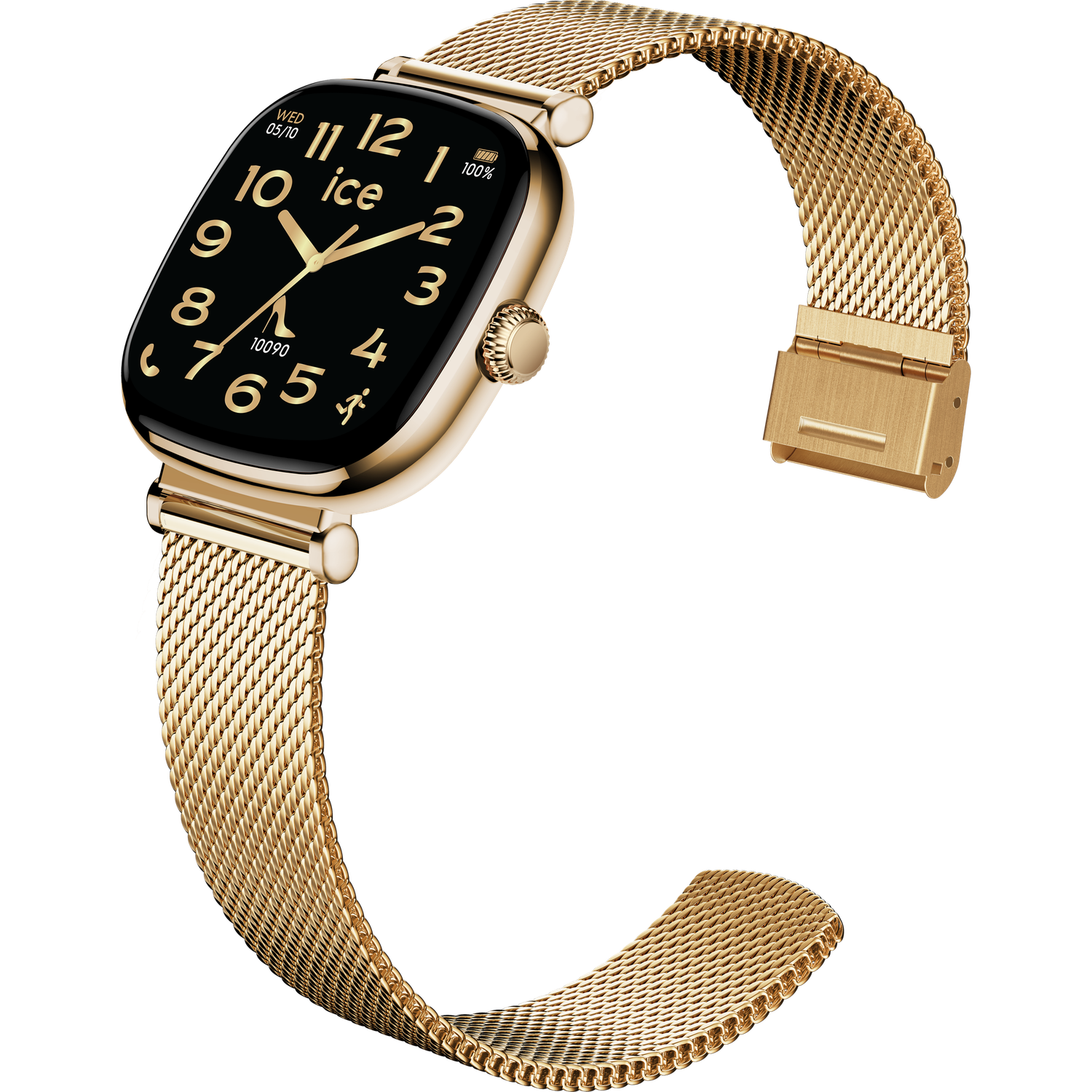 Een gouden smartwatch met een zwart scherm dat de tijd weergeeft. Het horloge heeft een mesh band. De achtergrond is zwart.