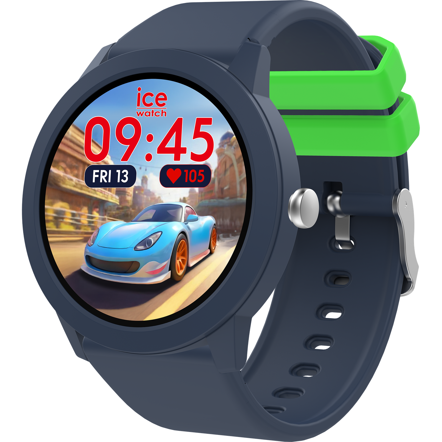 A blue smartwatch with a green accent. The watch face displays the time and a blue car. The band is navy blue.