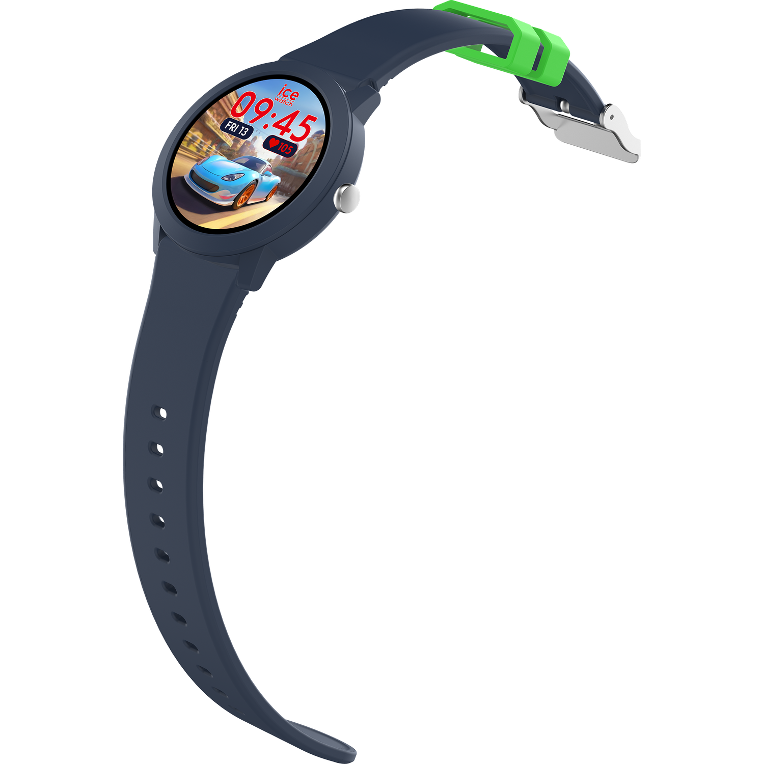 A dark blue smartwatch with a round face displaying a car racing scene. The band is dark blue, with a green strap holder.