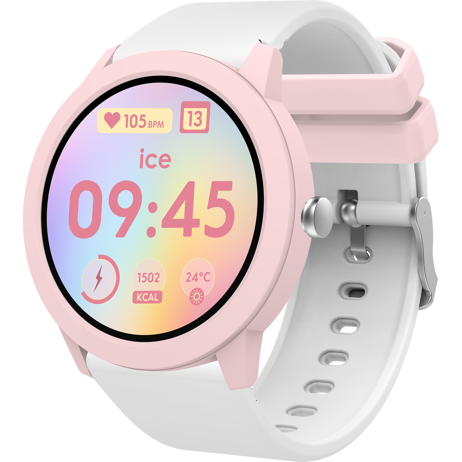 A pink smartwatch with a white strap, displaying time, heart rate, and other health metrics on a colorful screen.