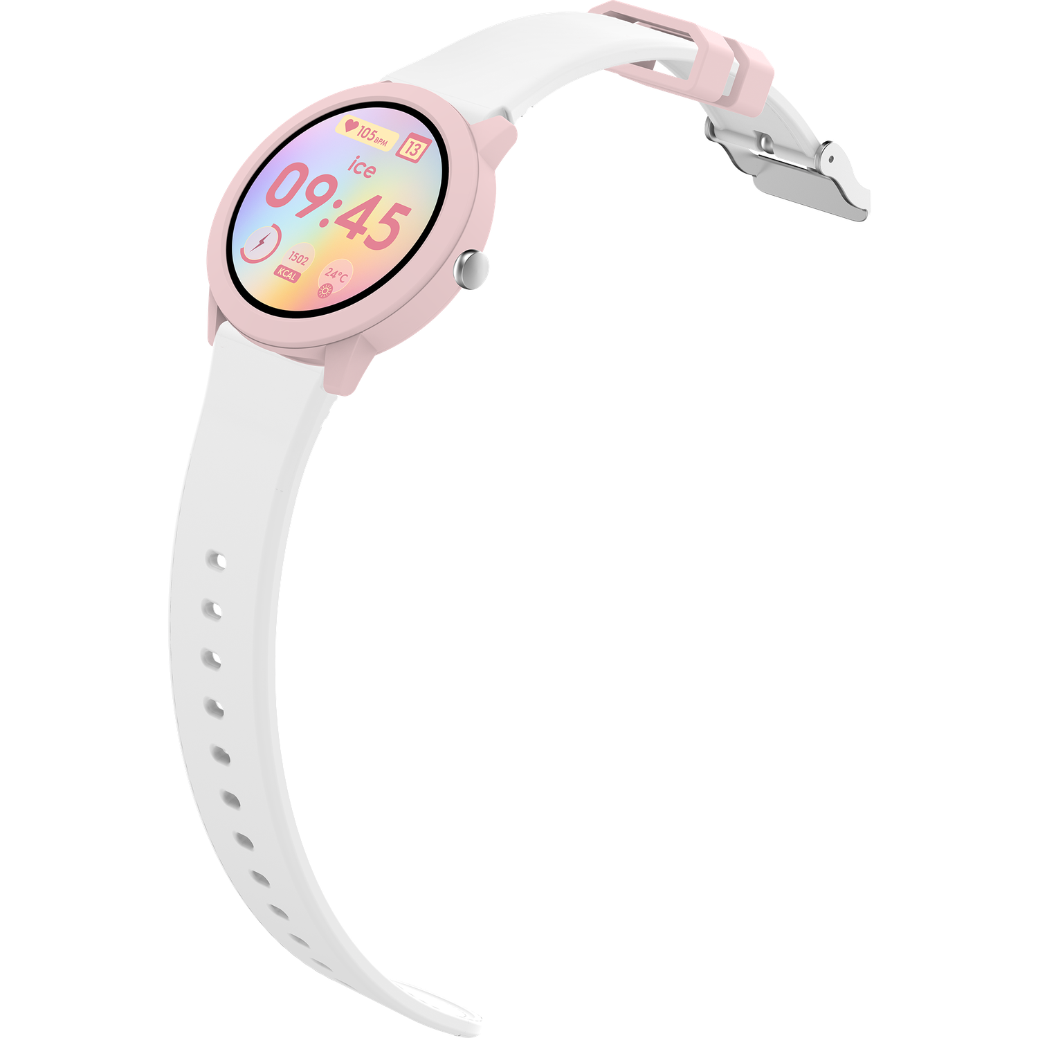 A pink smartwatch with a white strap displays the time 09:45. The watch is on a black background.