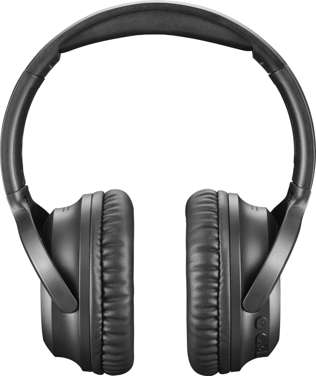 Casque noir centré sur fond blanc. Casque circum-auriculaire avec coussinets rembourrés et un bandeau.