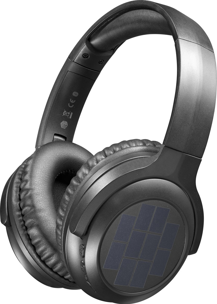 Casque circum-auriculaire noir. Les oreillettes ont un design de panneau solaire. Le bandeau et les oreillettes sont rembourrés.