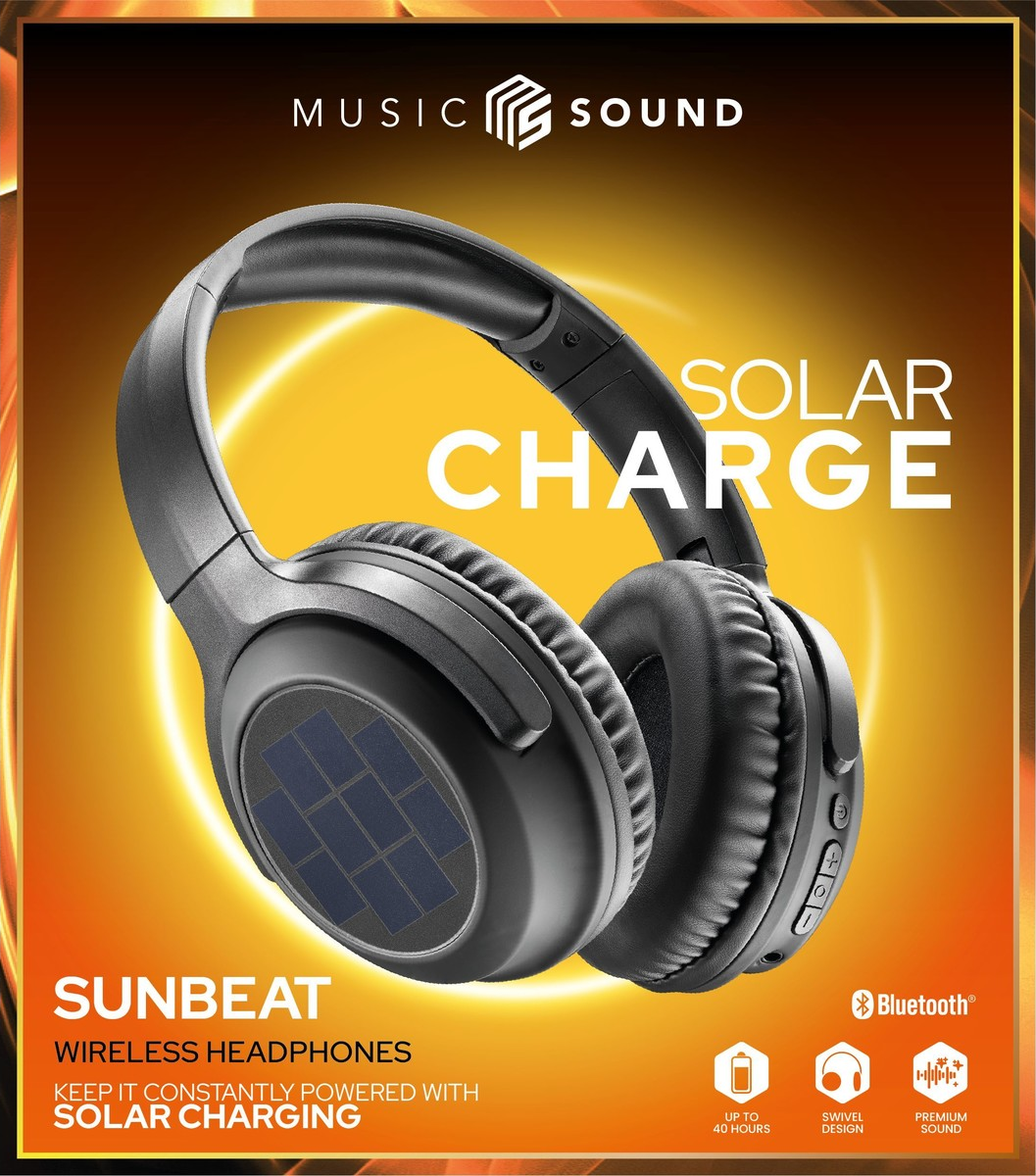 Casque sans fil noir à charge solaire avec l'étiquette 'Solar Charge' et 'Sunbeat'. Comprend Bluetooth et des icônes pour la batterie, la conception pivotante et le son premium.