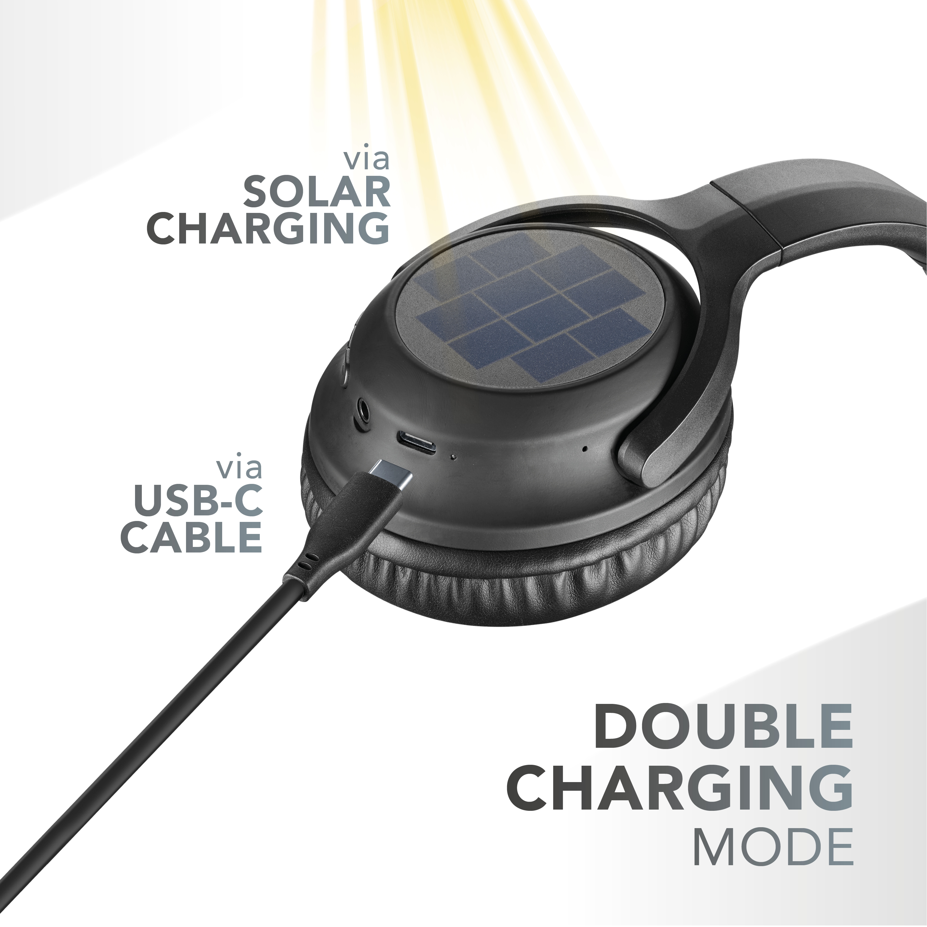 Casque noir avec panneau solaire, connecté à un câble USB-C. Le texte indique le mode de charge double, par solaire et câble.