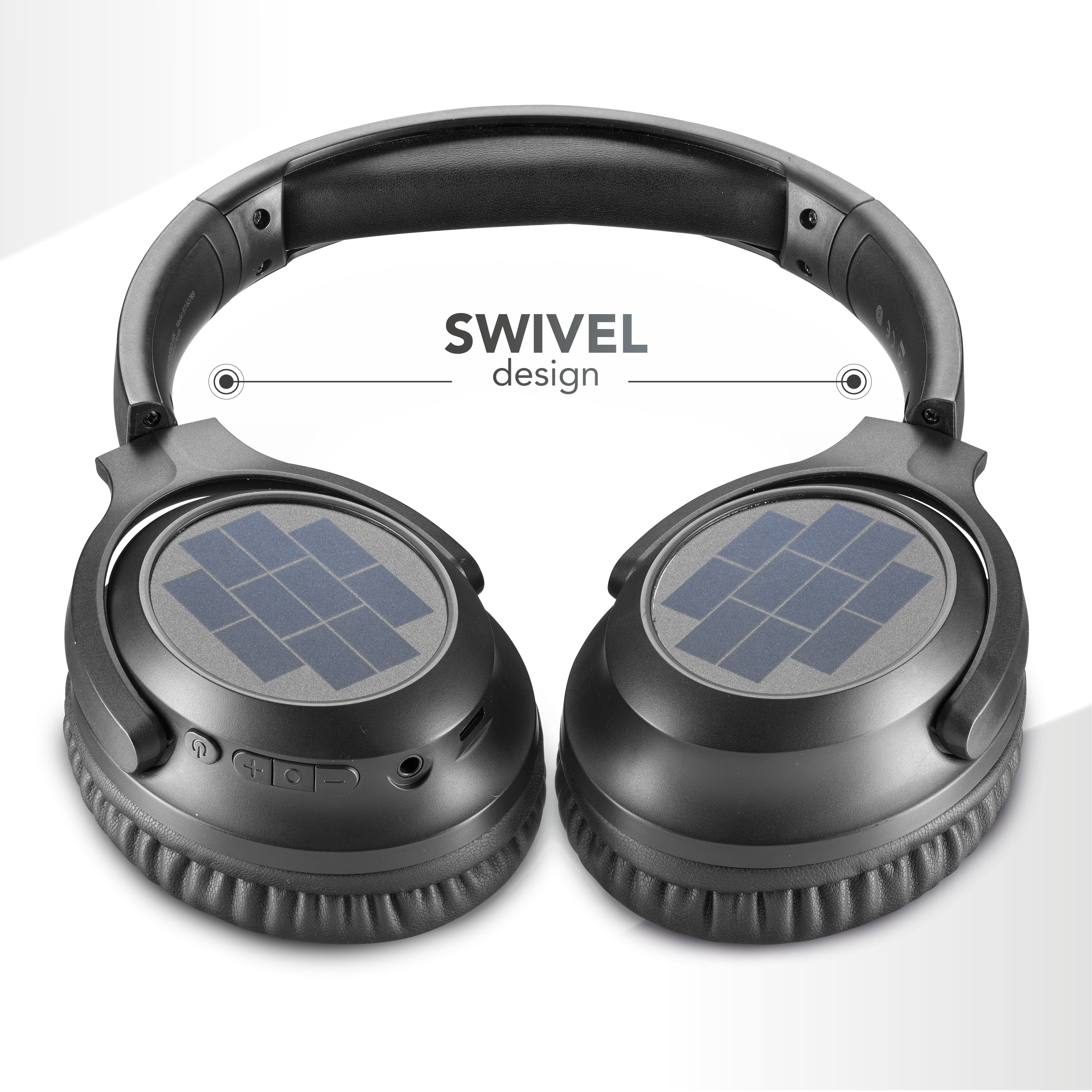 Casque noir avec panneaux solaires sur les écouteurs. Le design est étiqueté "SWIVEL". Le fond est blanc.