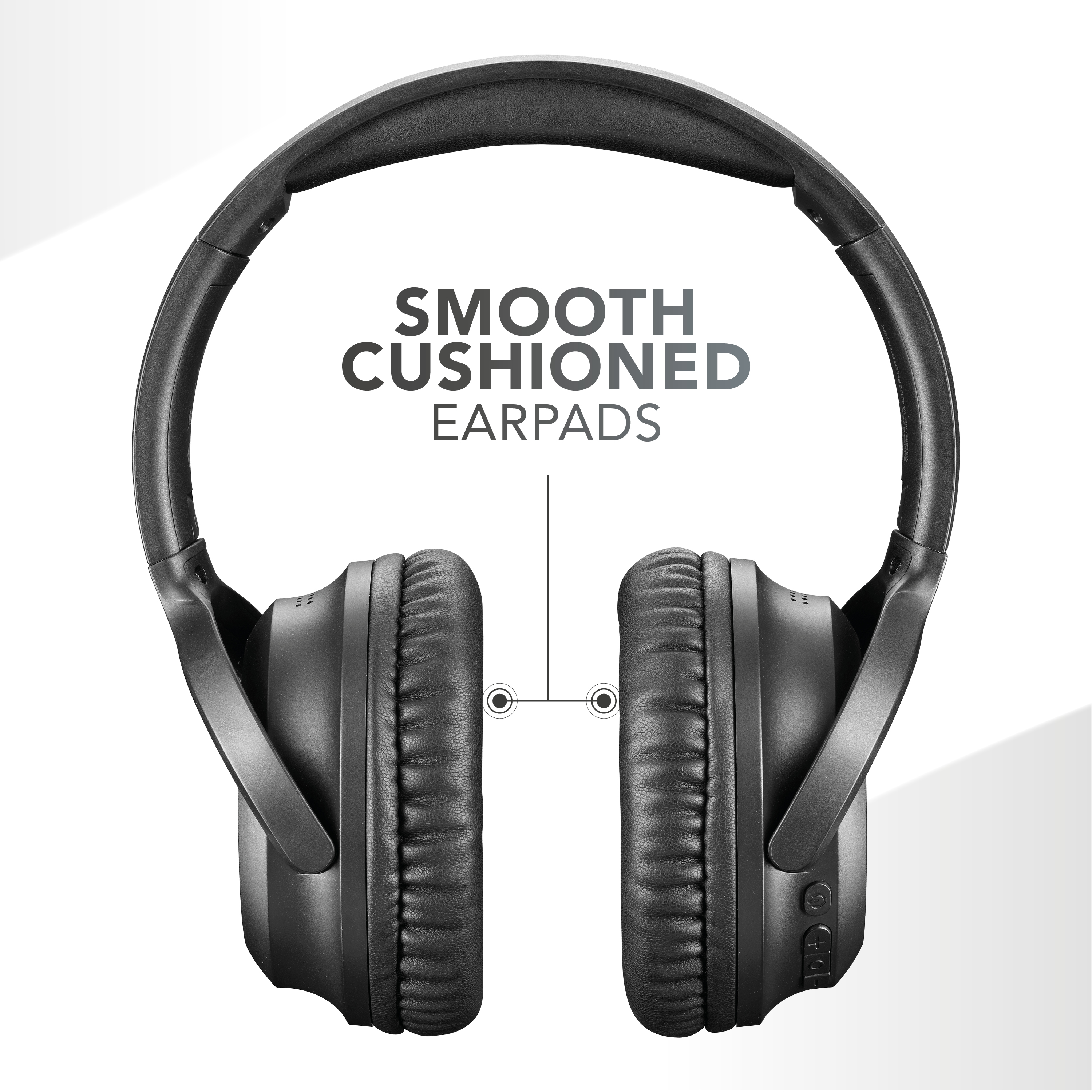 Casque noir avec coussinets rembourrés. Le texte dit 'Smooth Cushioned Earpads'.