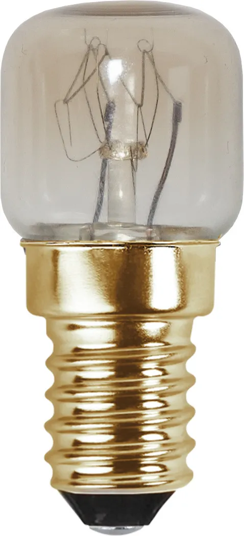 Une petite ampoule avec un bulbe en verre clair et une base dorée. Le filament est visible à l'intérieur.