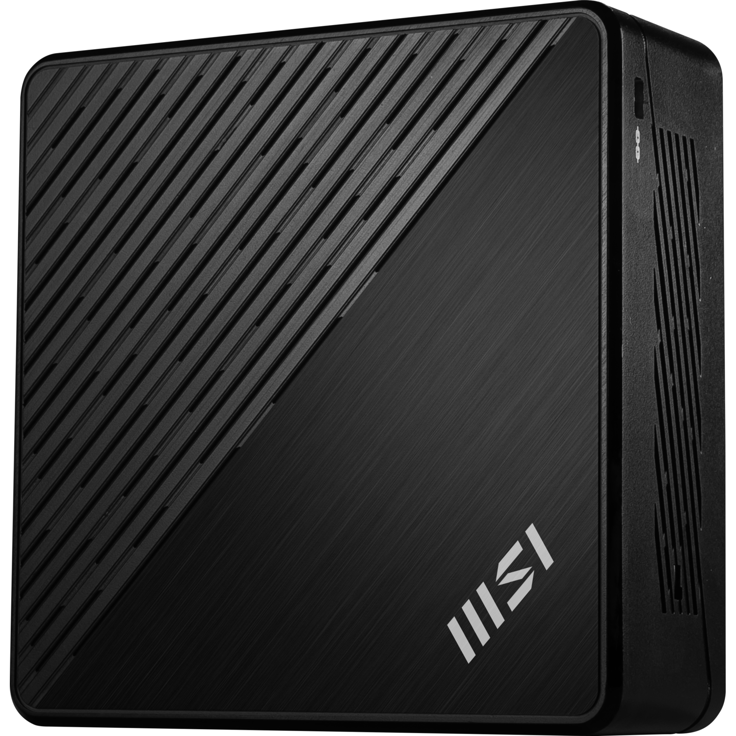 A black computer case with diagonal textured lines on the left and a brushed metal finish on the right side. The MSI logo is visible.