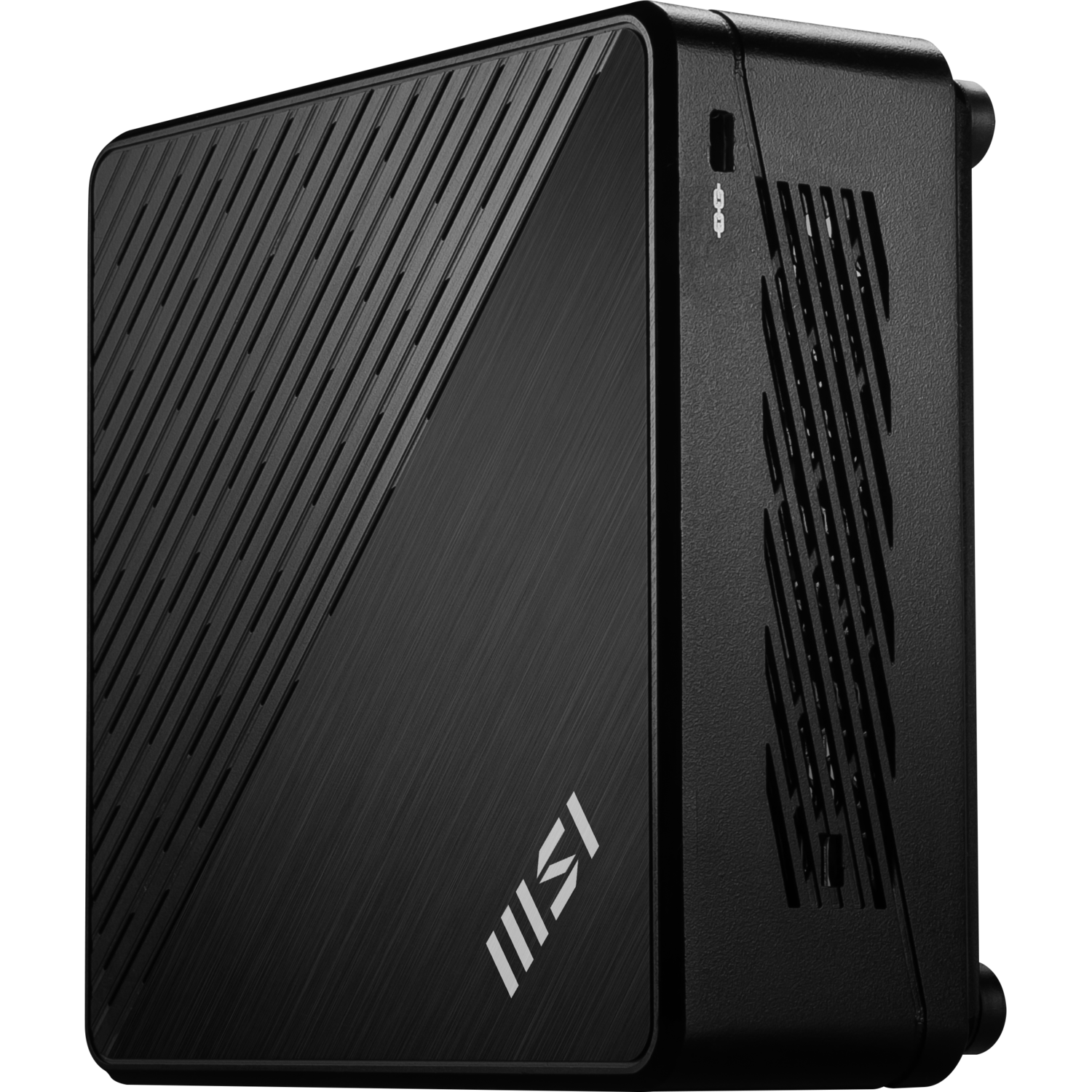 A black MSI mini PC. The front has a diagonal line design, with the MSI logo. The side has ventilation slots and ports.