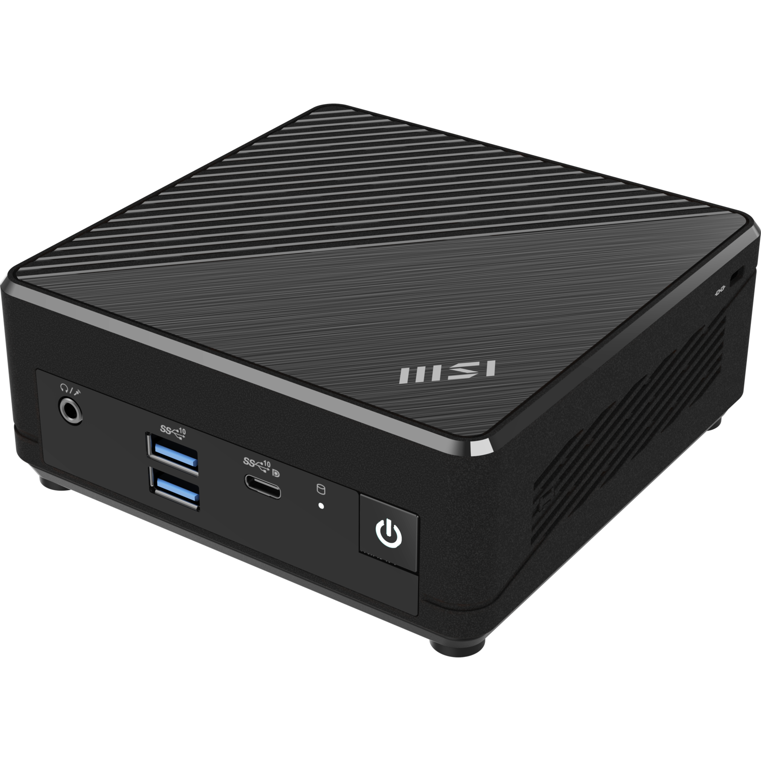 A black MSI mini PC. It has USB ports, a power button, and a headphone jack. The top has a lined texture.
