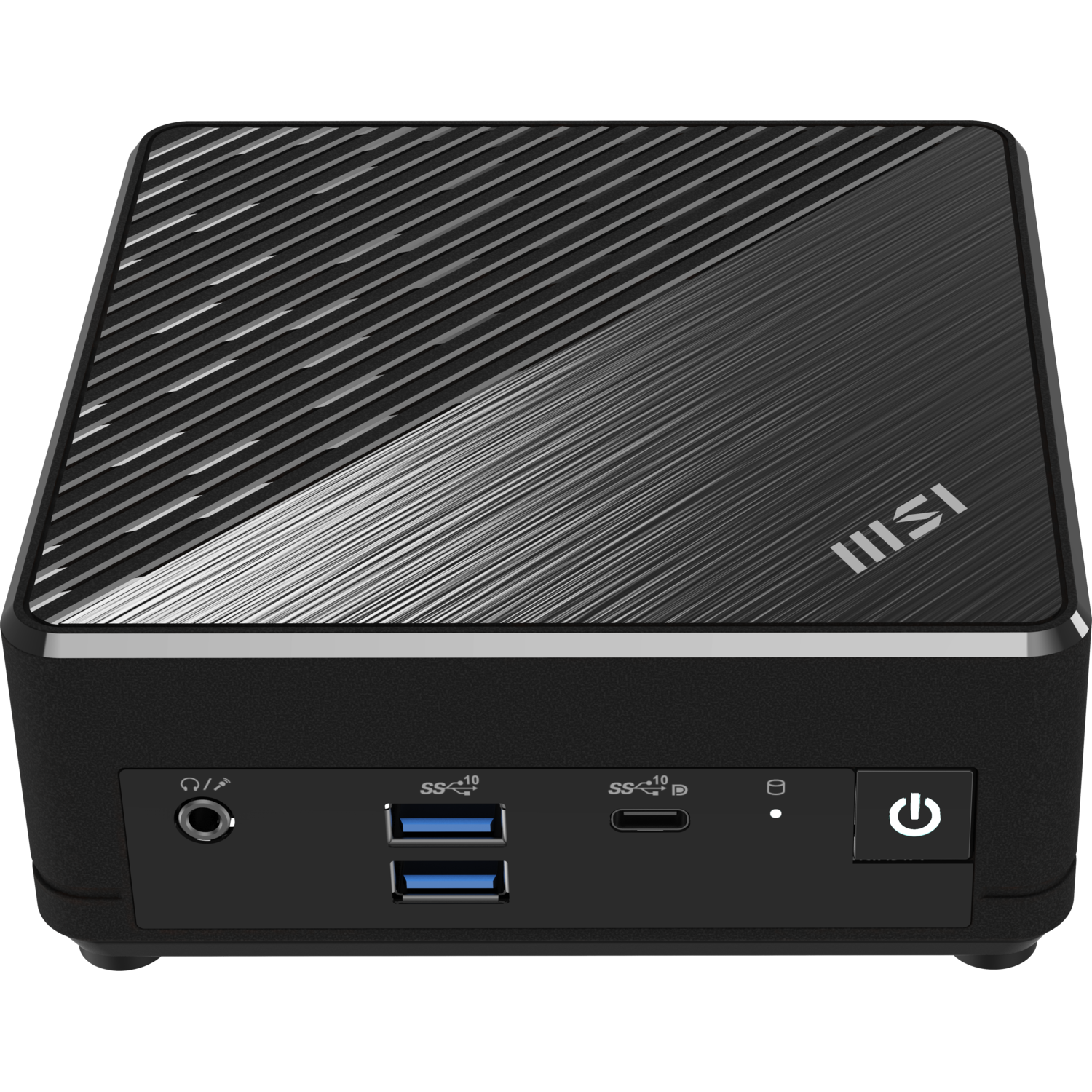 Black mini computer with textured top. Front panel includes ports, USB, and power button. MSI logo on top right.