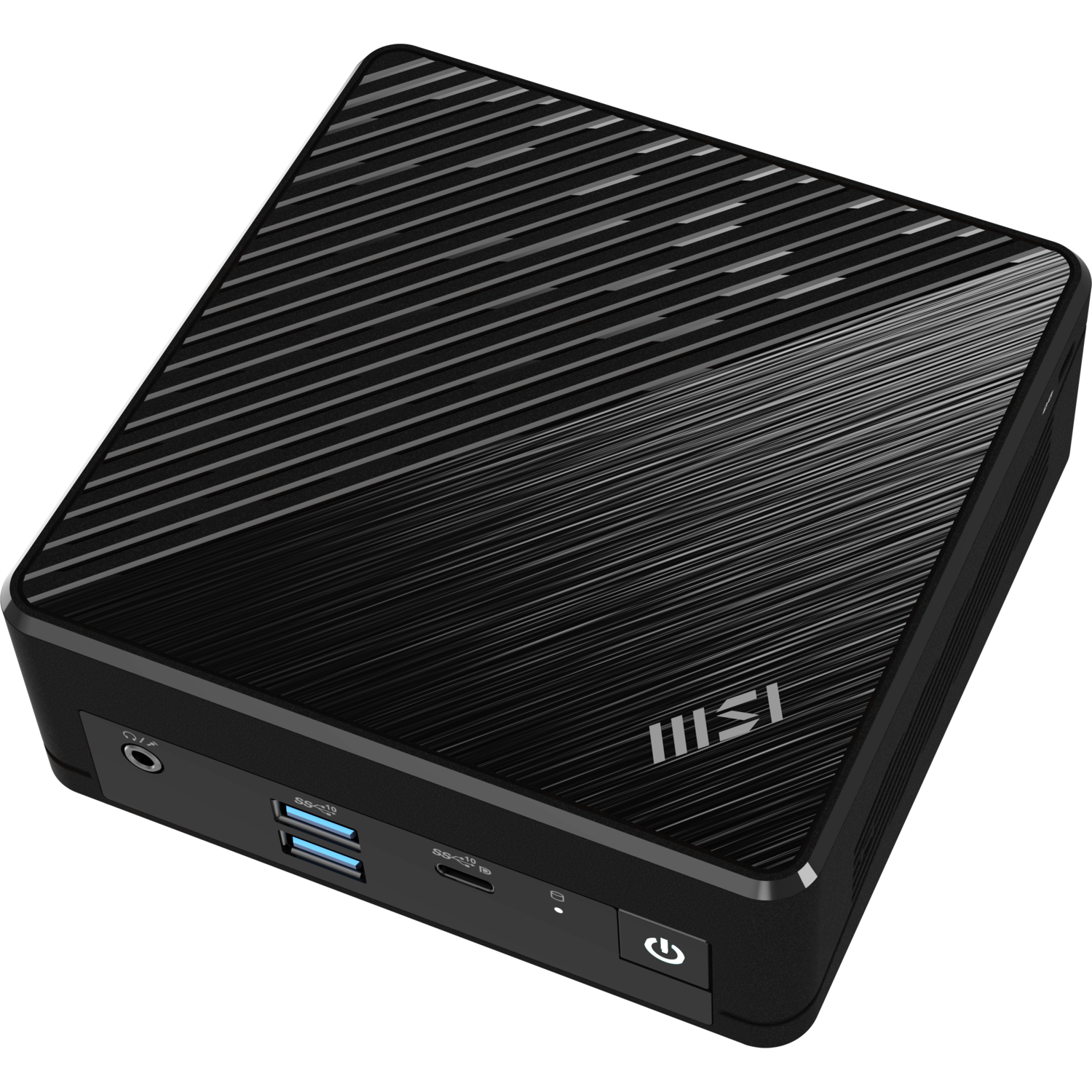 A black MSI mini PC with a textured top. It has ports, the MSI logo, and a power button. Background is black.