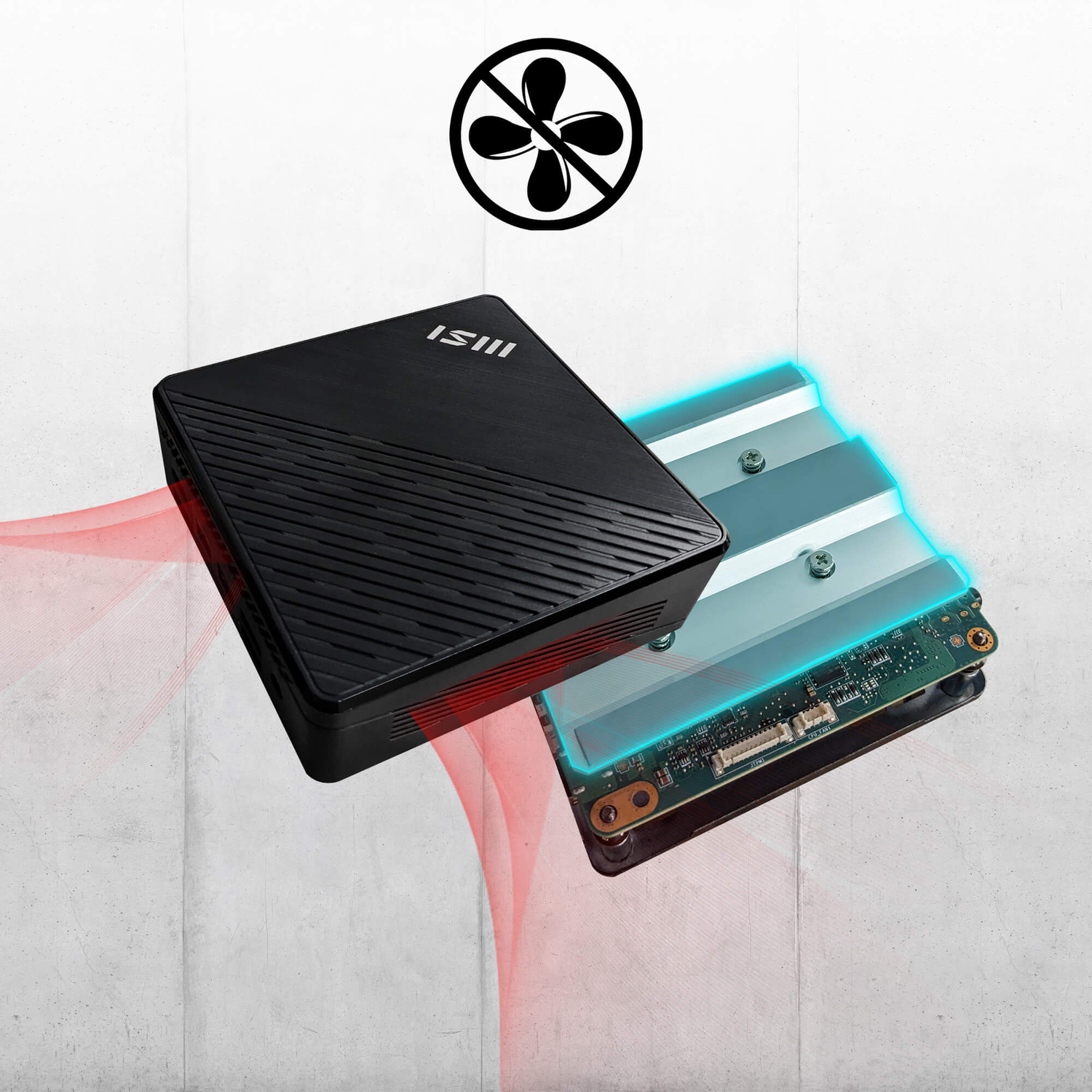 A black MSI mini PC and its internal components, with a fan-off symbol above. Red air flow lines are visible.