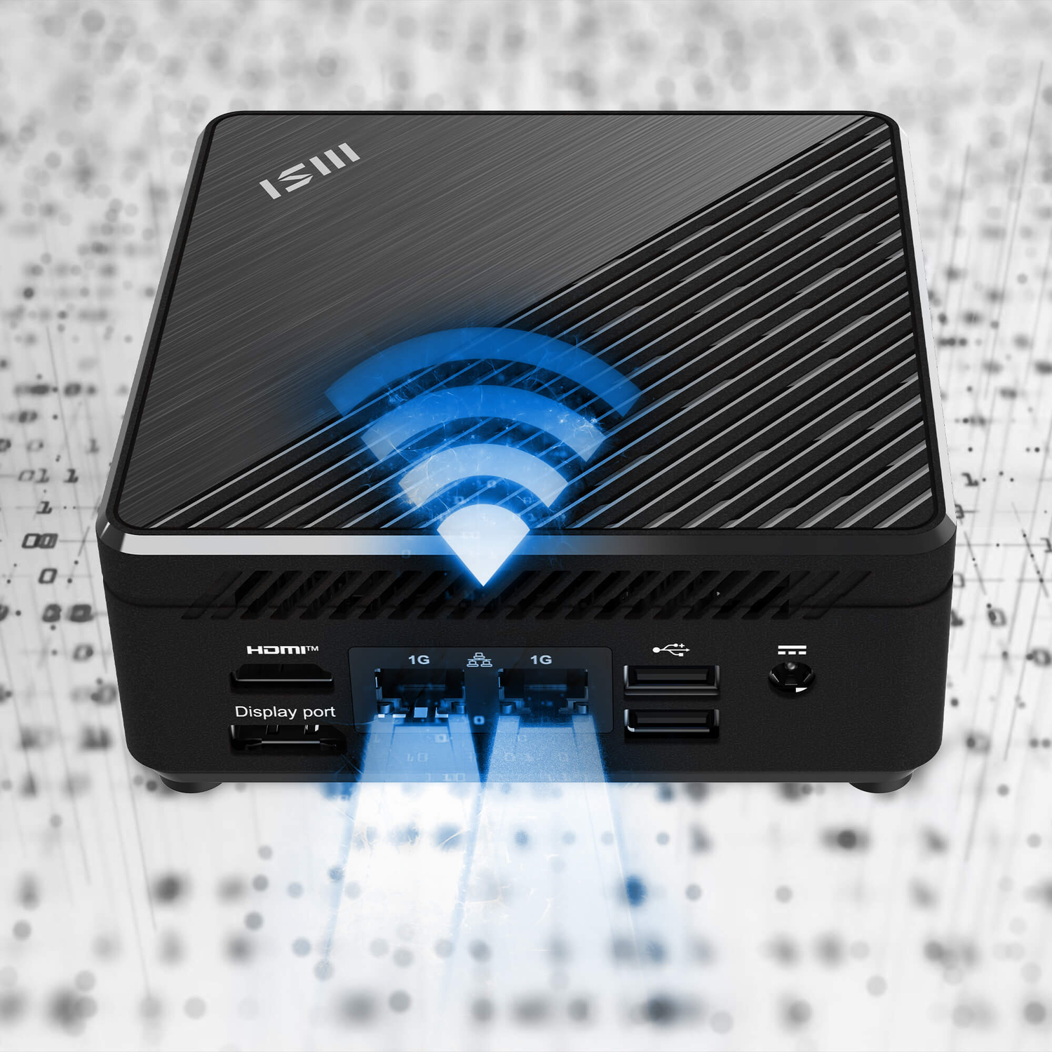 Black mini computer with wifi symbol. Display port, HDMI, and USB ports are visible. Background is a blurred pattern.