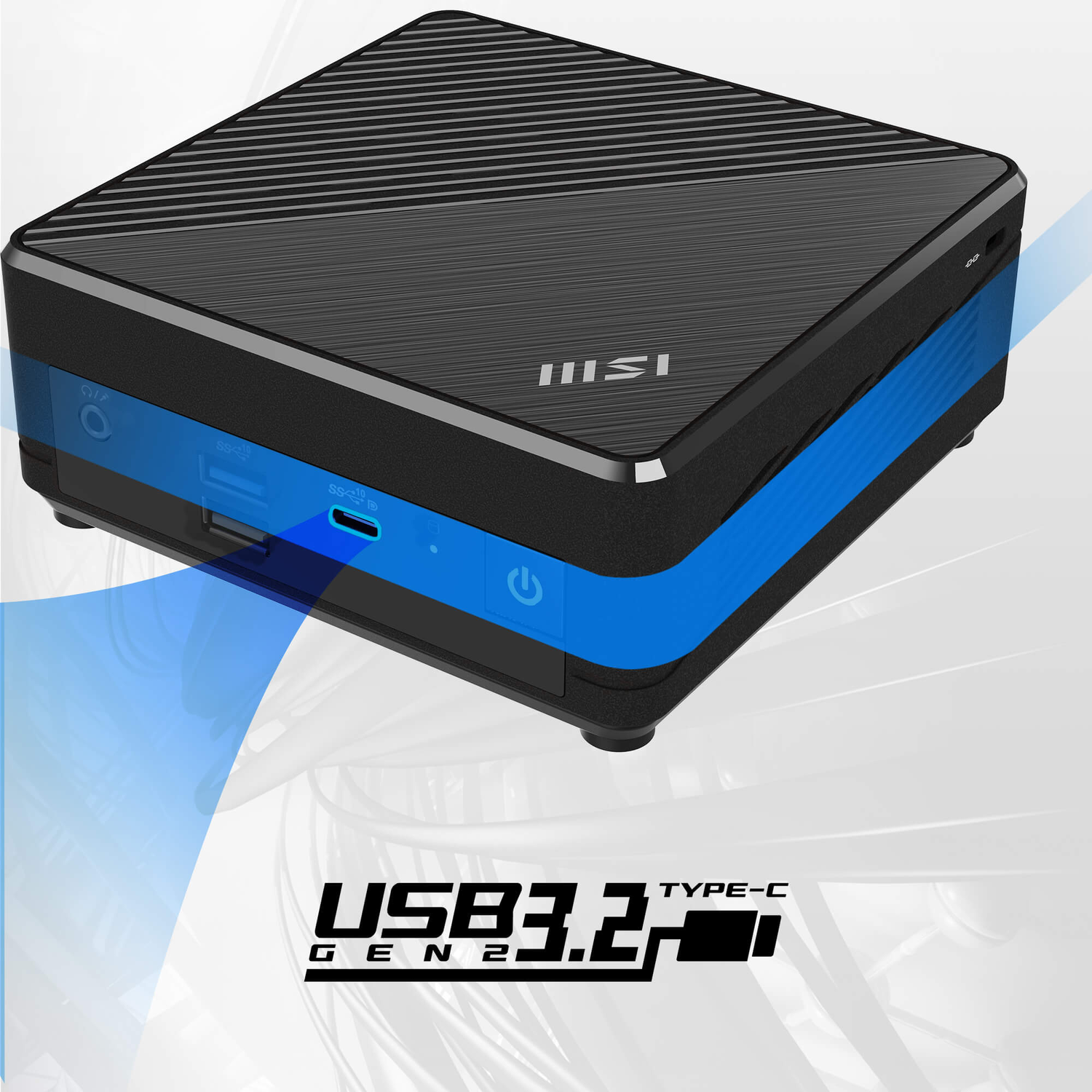 Black and blue mini computer, MSI brand. USB 3.2 Type-C logo at the bottom. Features ports and power button. Ribbed top.