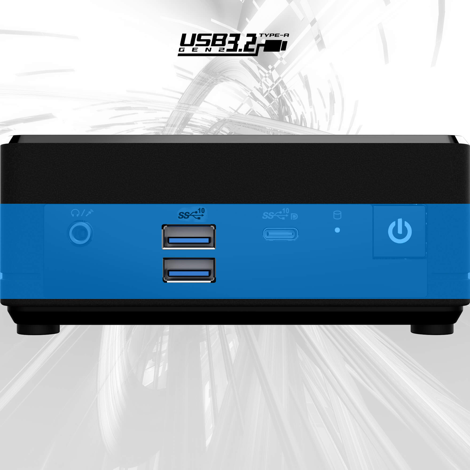 A blue and black computer device with USB ports and a power button. The background has a white abstract design.