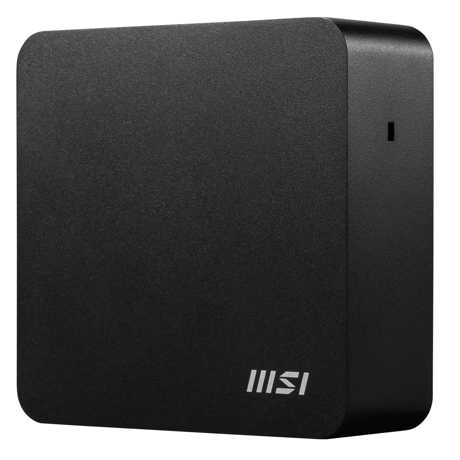 Black MSI device with rounded corners. Contains MSI logo at the bottom. A small rectangular opening is on the right side.