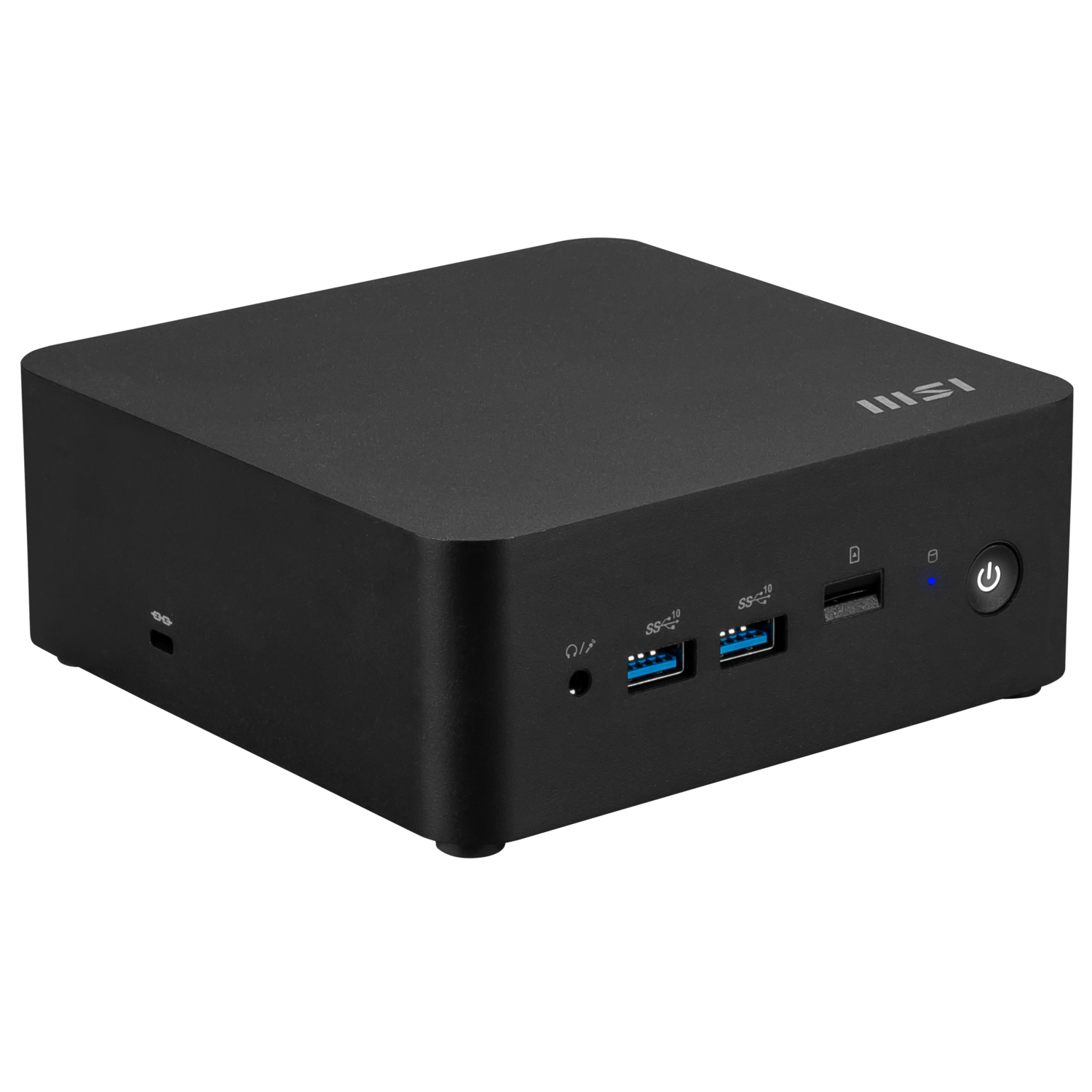 A black MSI mini PC on a black background. It has ports, a power button, and the MSI logo.