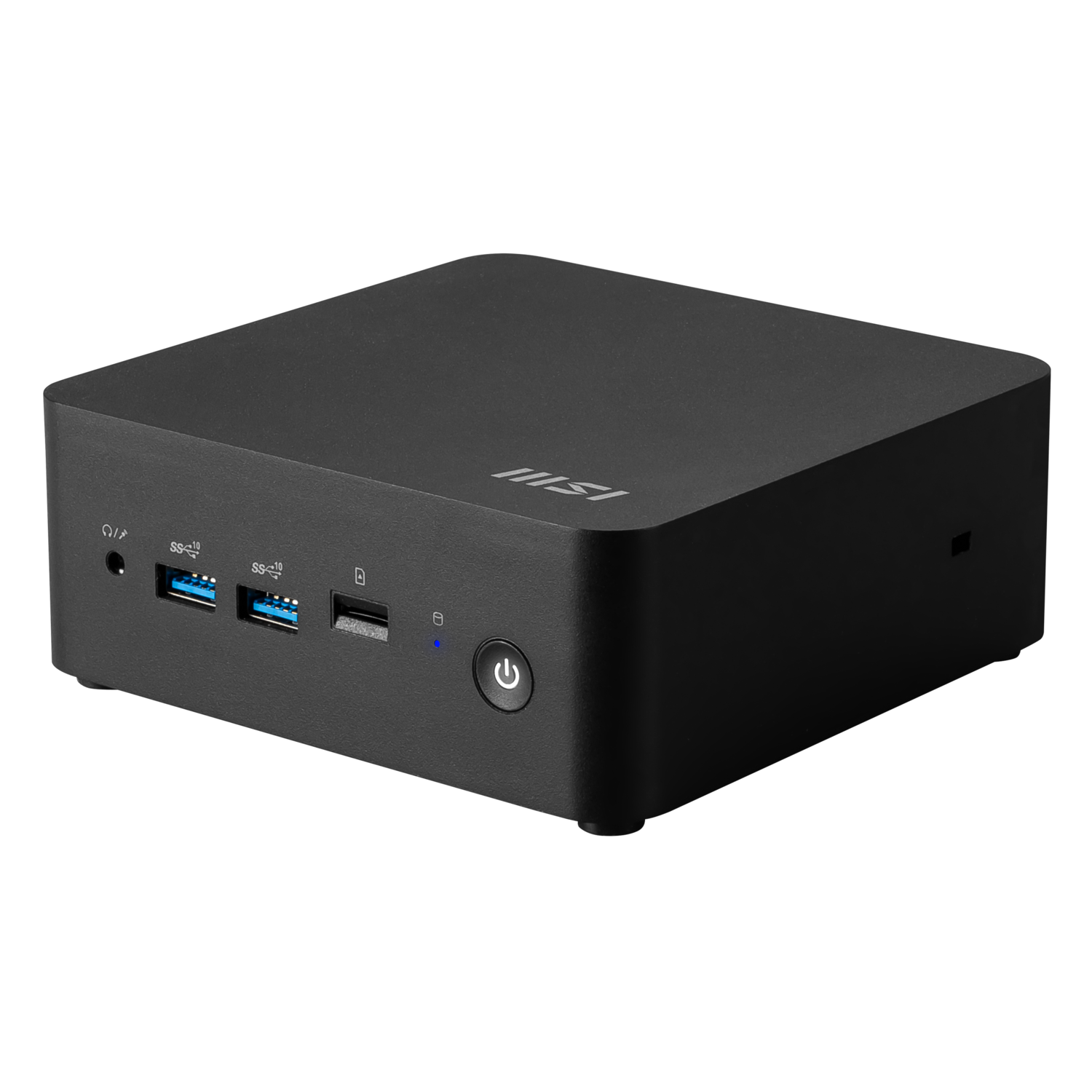 A black MSI mini PC is on a black background. It has USB ports, a power button with a blue light, and the MSI logo.