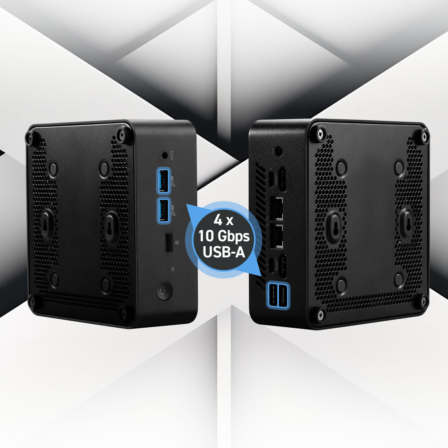 Two black mini computers with ports are shown, connected by an info graphic. The graphic states the computer has 4x 10 Gbps USB-A ports.