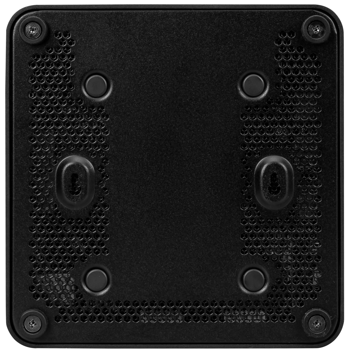 Black square device with rounded corners. Features screws, circular buttons, and keyhole-shaped mounts, set against a black backdrop.