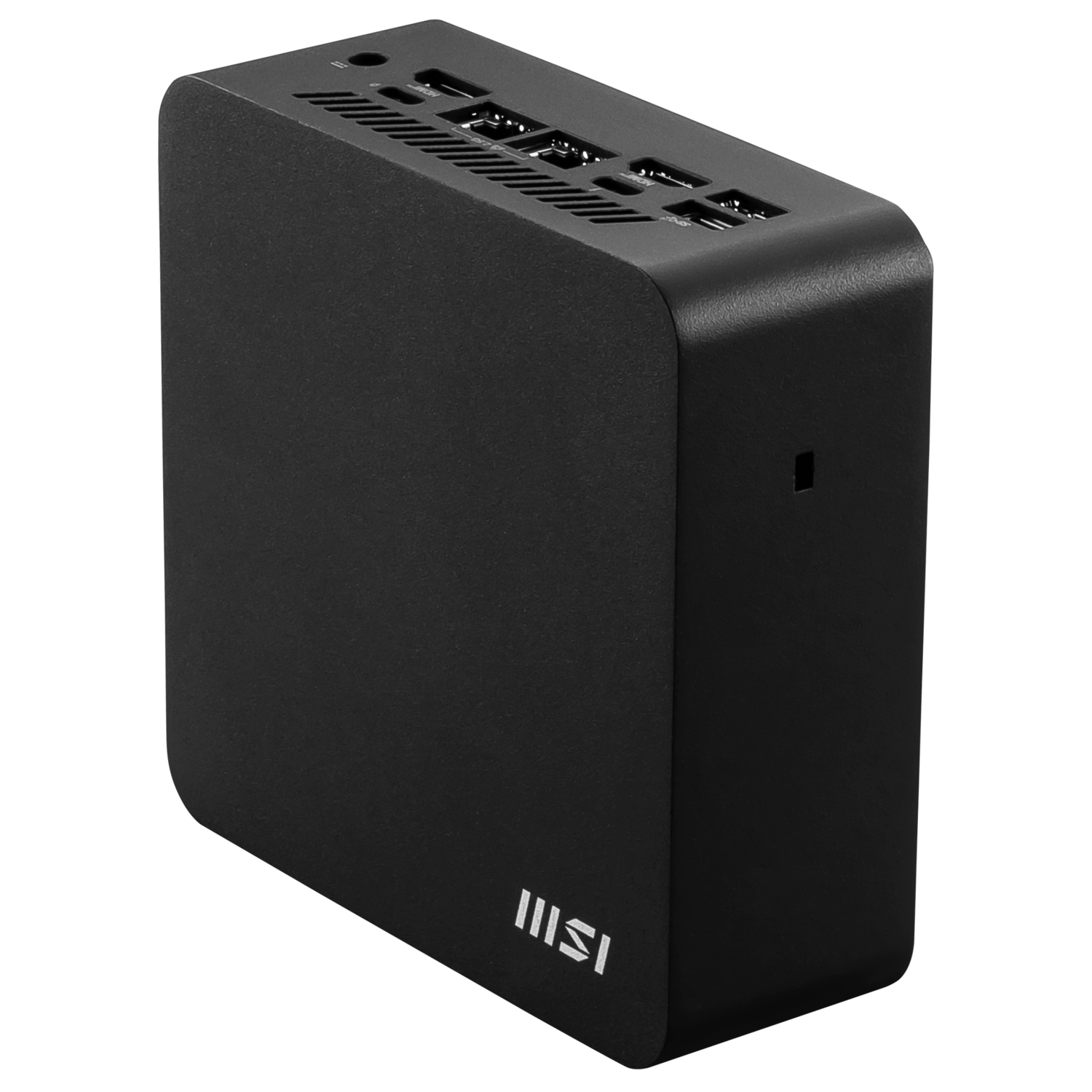 A black, rectangular computer case with rounded edges. It has multiple ports and vents on top. The MSI logo is on the bottom.