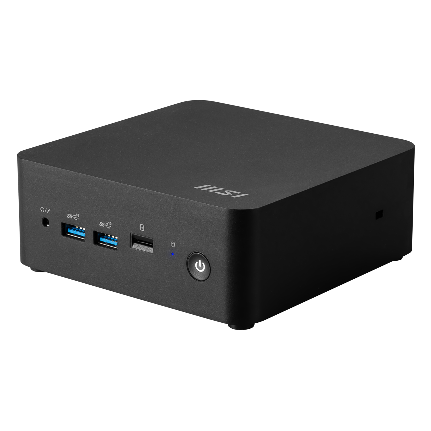 Black MSI mini PC on black background. Features ports and power button on front. MSI logo is visible.