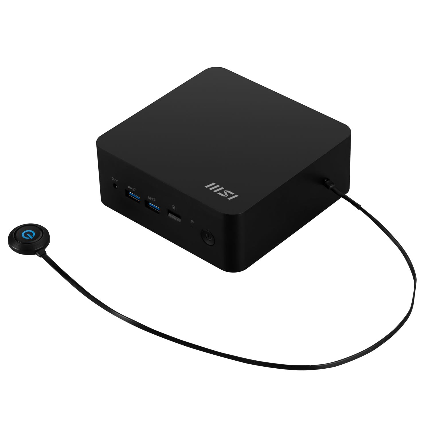 A black MSI mini PC with a power button on a cable. It has ports and logos. The background is black.