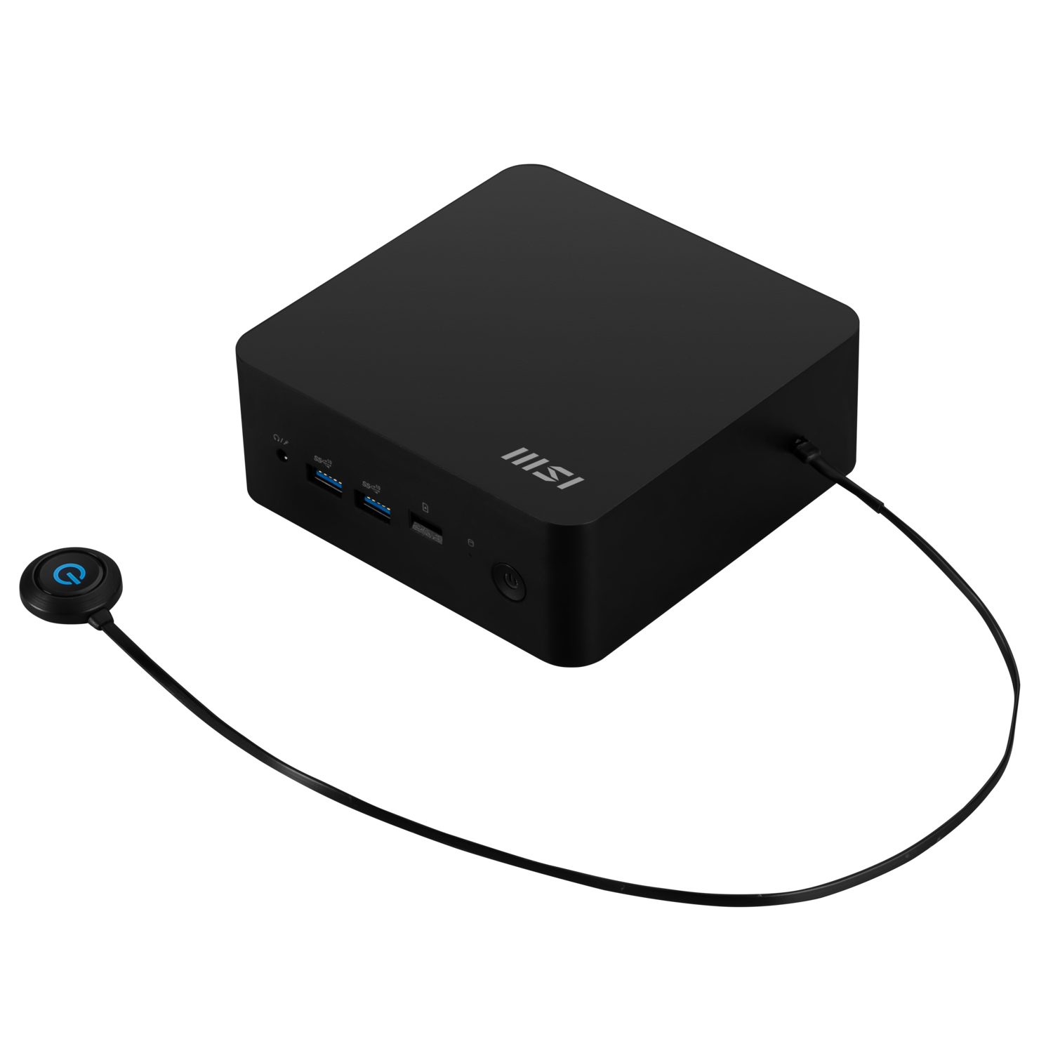 Black MSI cube PC with a power button. The power button is on a round black base connected to the PC with a black cable.