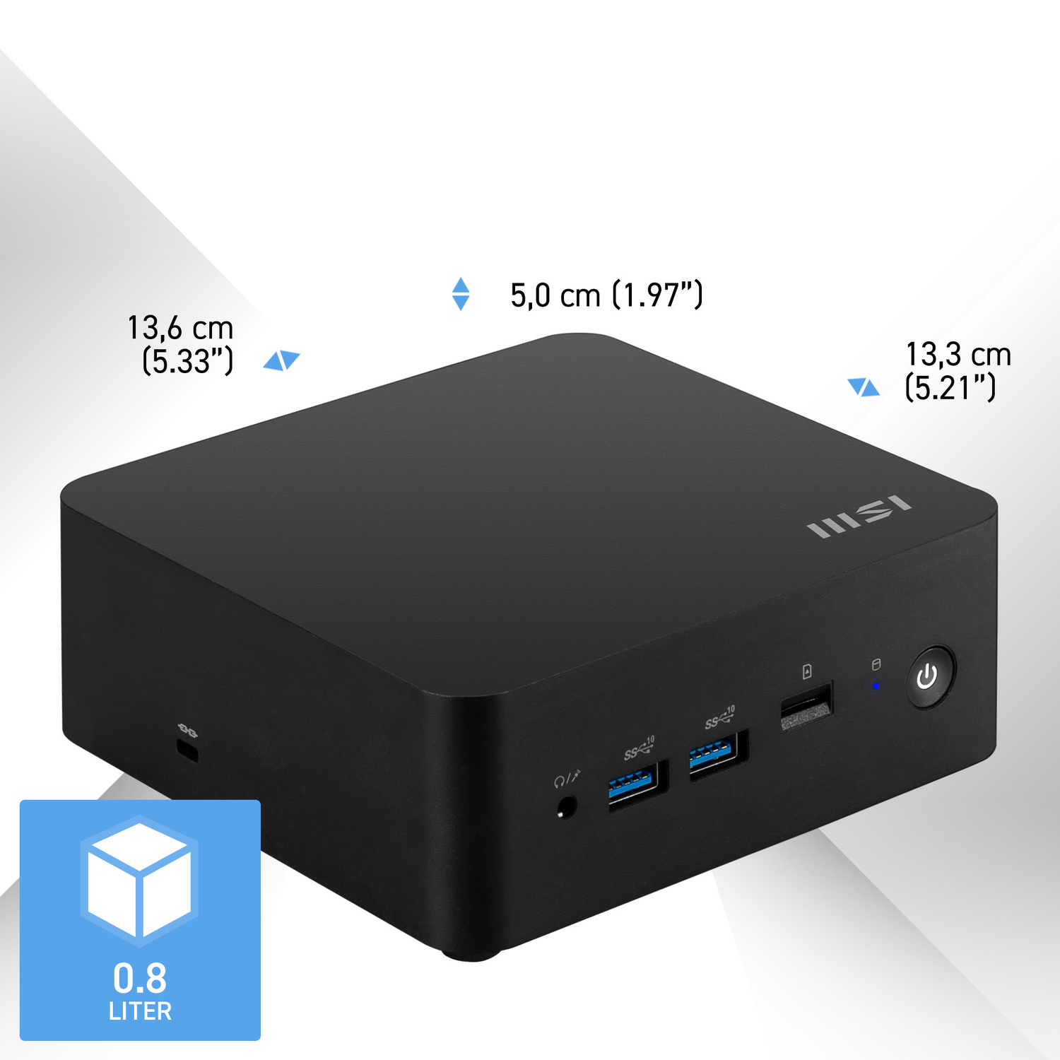 A black mini PC with dimensions displayed. It has USB ports, power button, and a logo. A blue square with 0.8 liter is on the bottom.