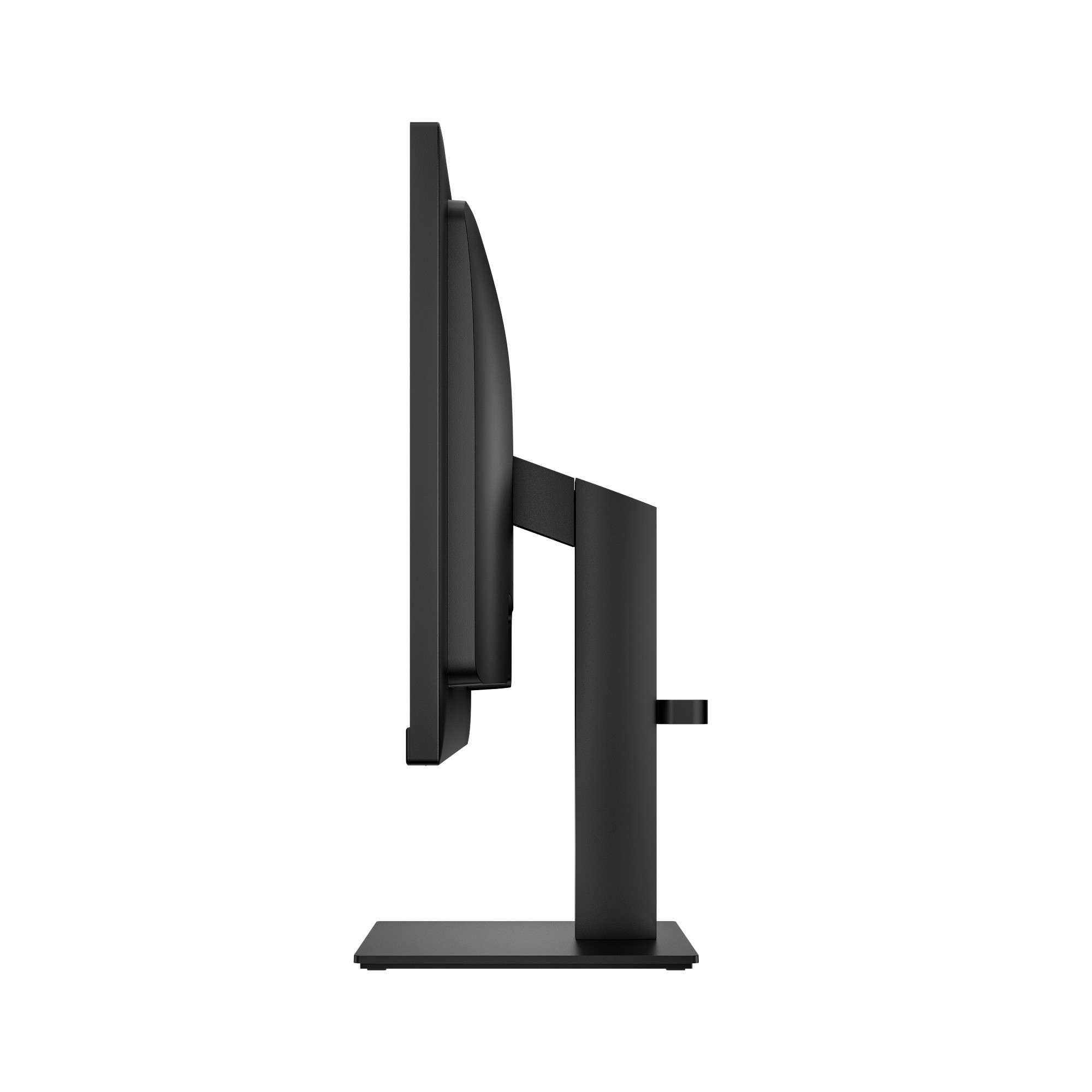 Seitenansicht eines schwarzen Computermonitors. Er hat einen rechteckigen Bildschirm, der von einem Ständer getragen wird. Der Hintergrund ist weiß.