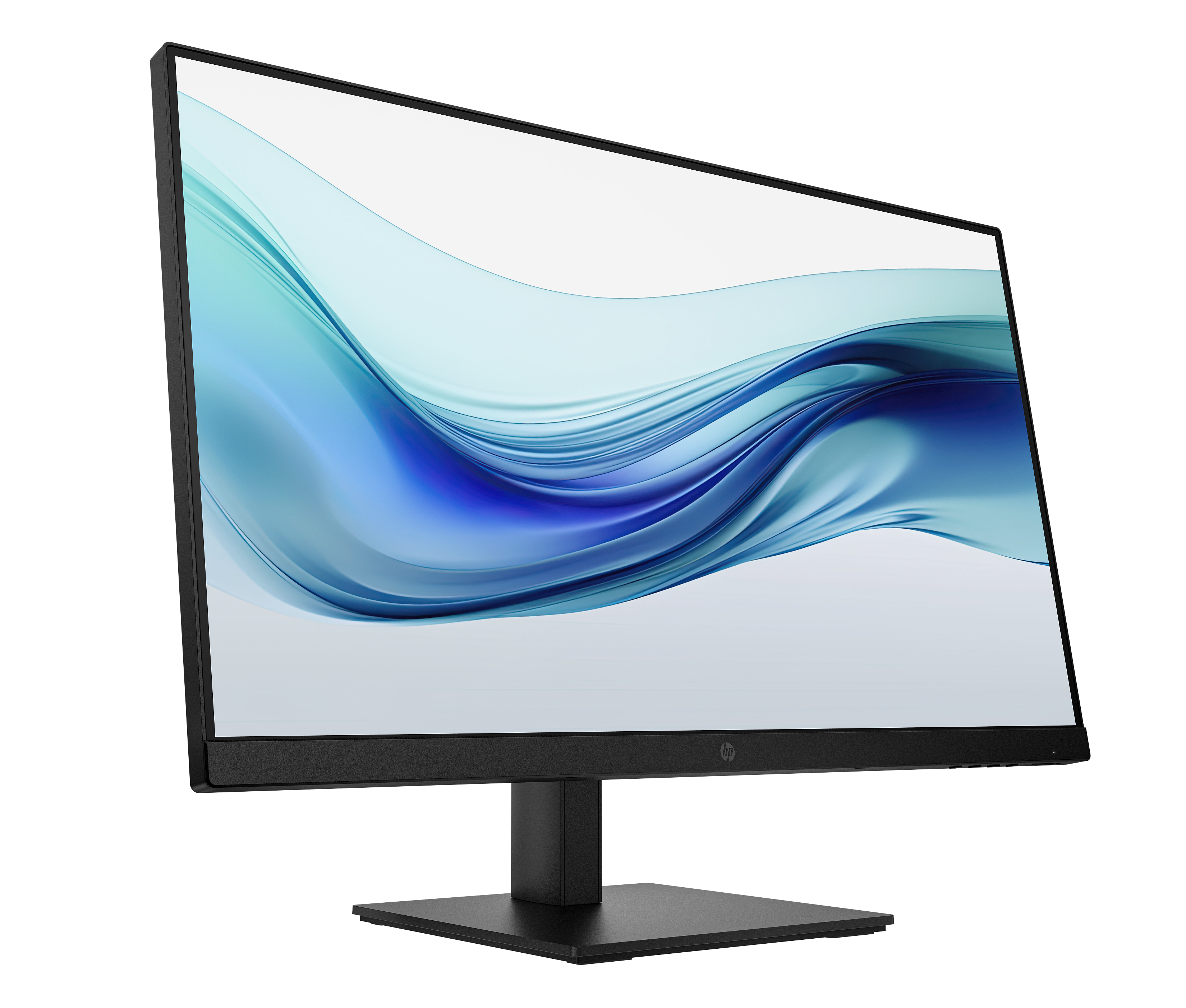 Ein schwarzer Computermonitor zeigt abstrakte blaue und weiße Wellen. Er steht auf einem schwarzen Ständer vor schwarzem Hintergrund.