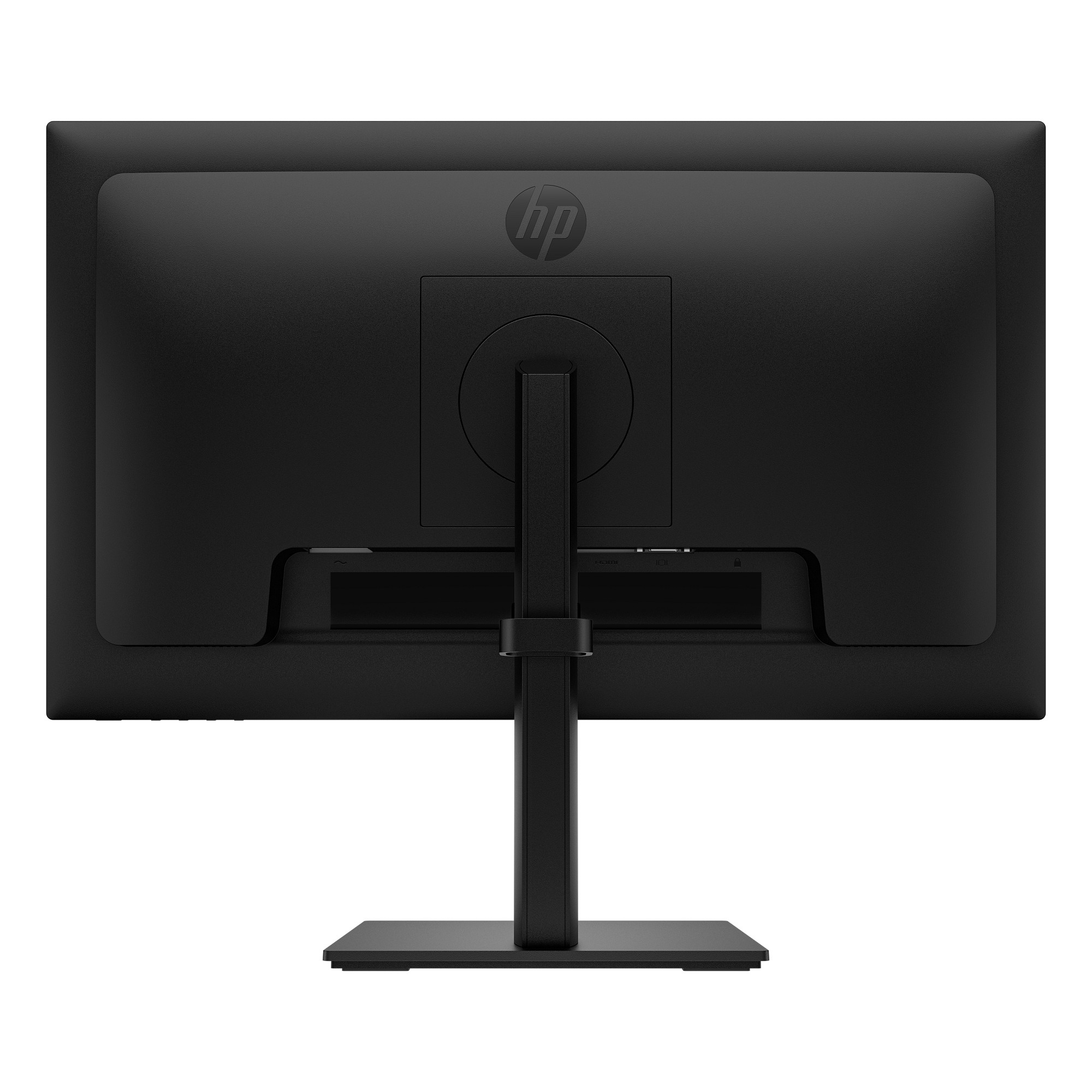 Rückseite eines schwarzen HP-Monitors mit Ständer. HP-Logo oben sichtbar.