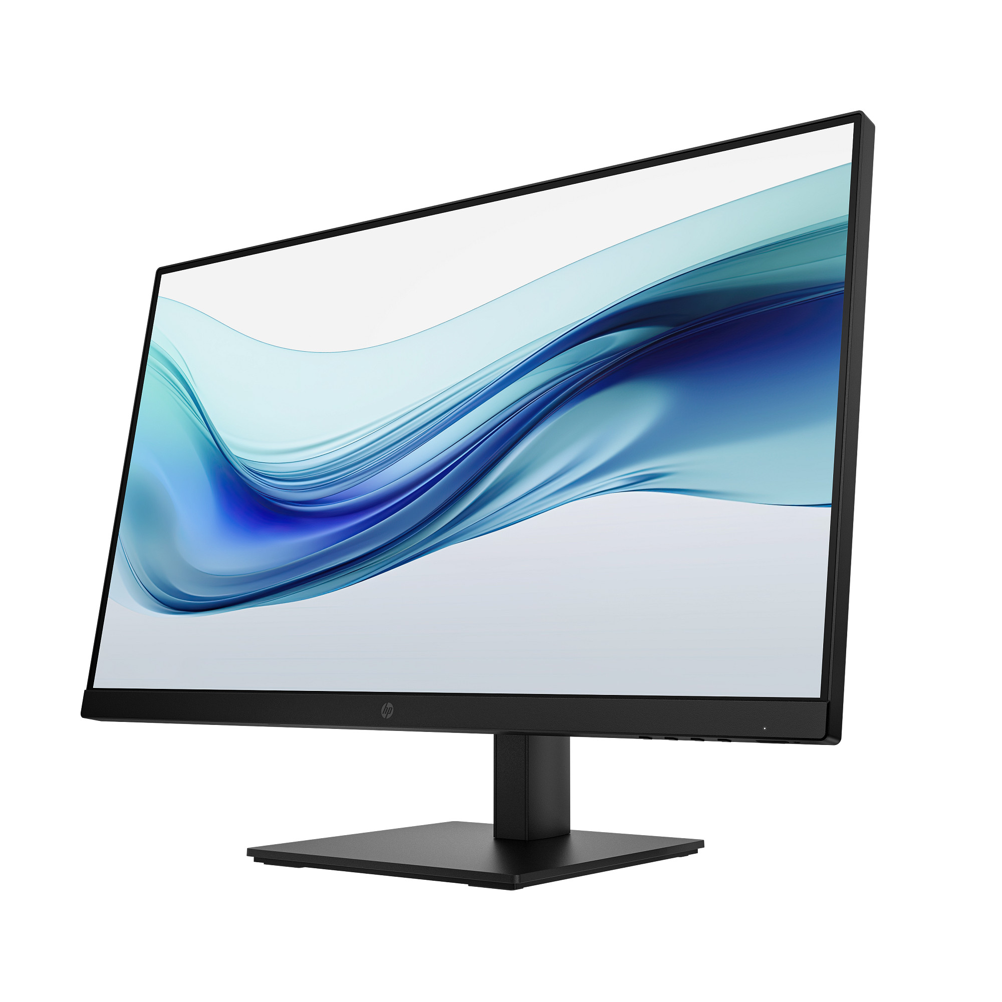 Ein schwarzer HP-Monitor zeigt ein abstraktes blau-weißes Design. Der Monitor steht auf einem schwarzen Ständer.
