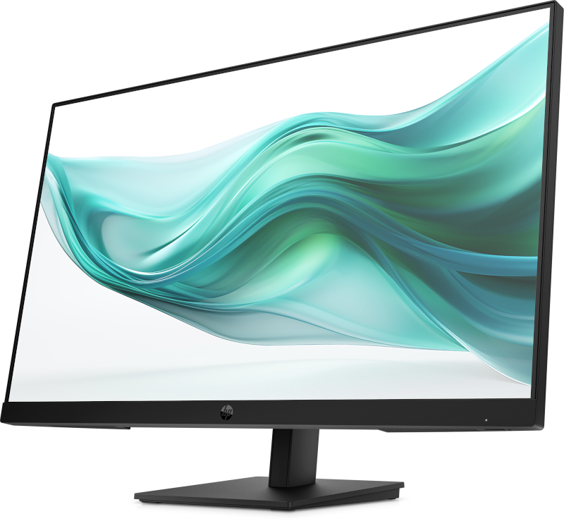 Schwarzer HP-Monitor mit abstraktem grün-weißem Hintergrund. Der Monitor hat eine schwarze Haube. Die Basis ist schwarz.
